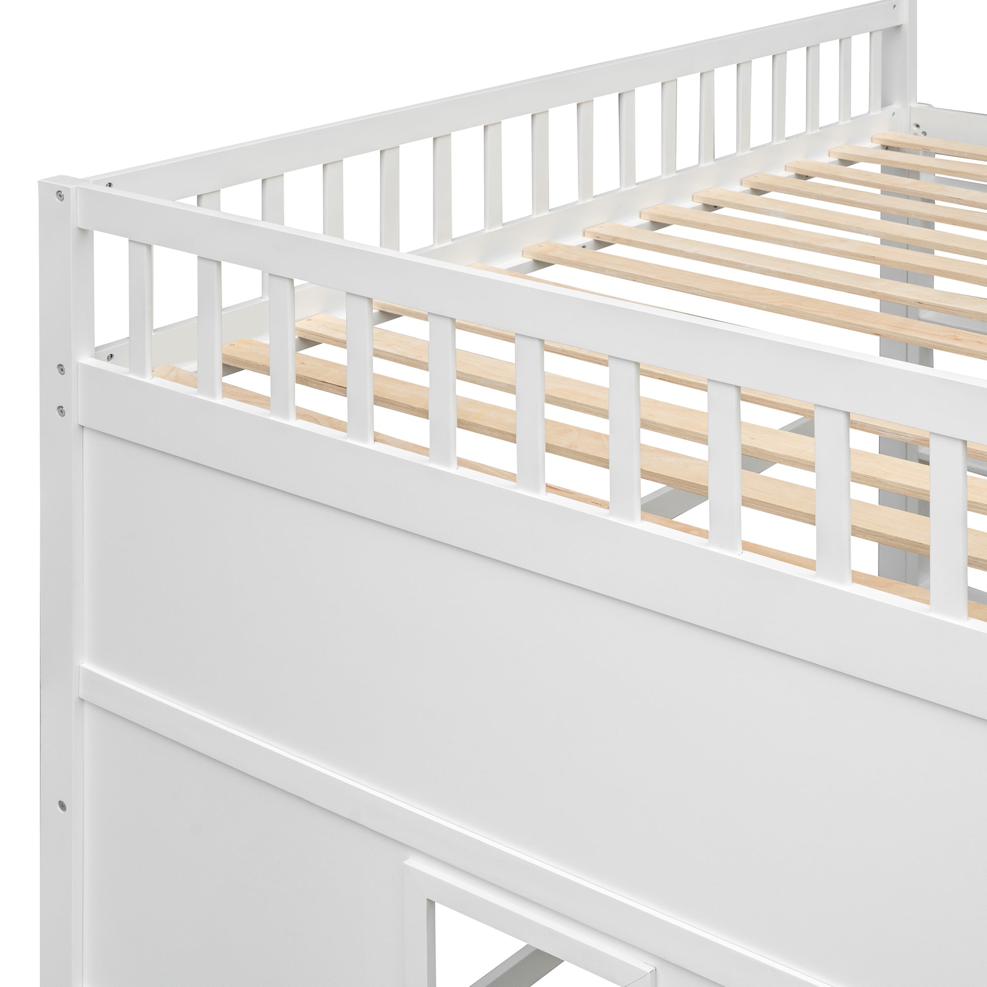 White wooden loft bed frame with slatted base
