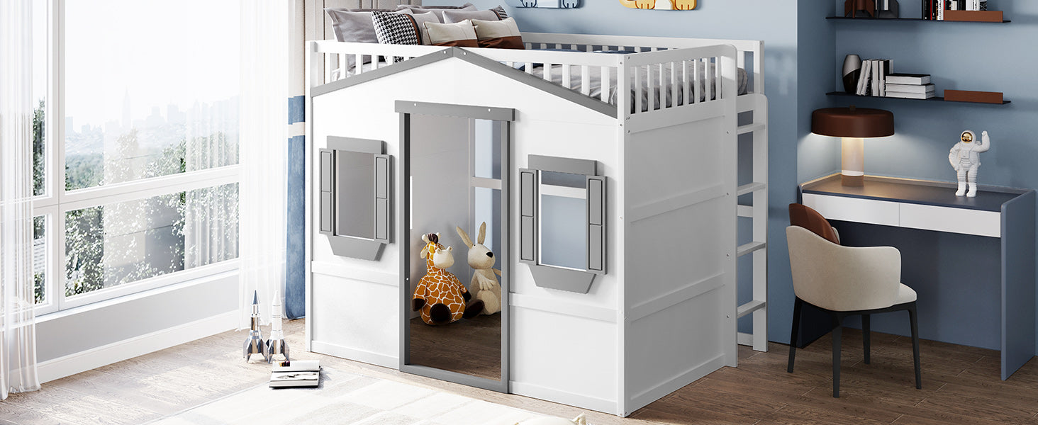 White loft bed with playhouse lower level and playful decor