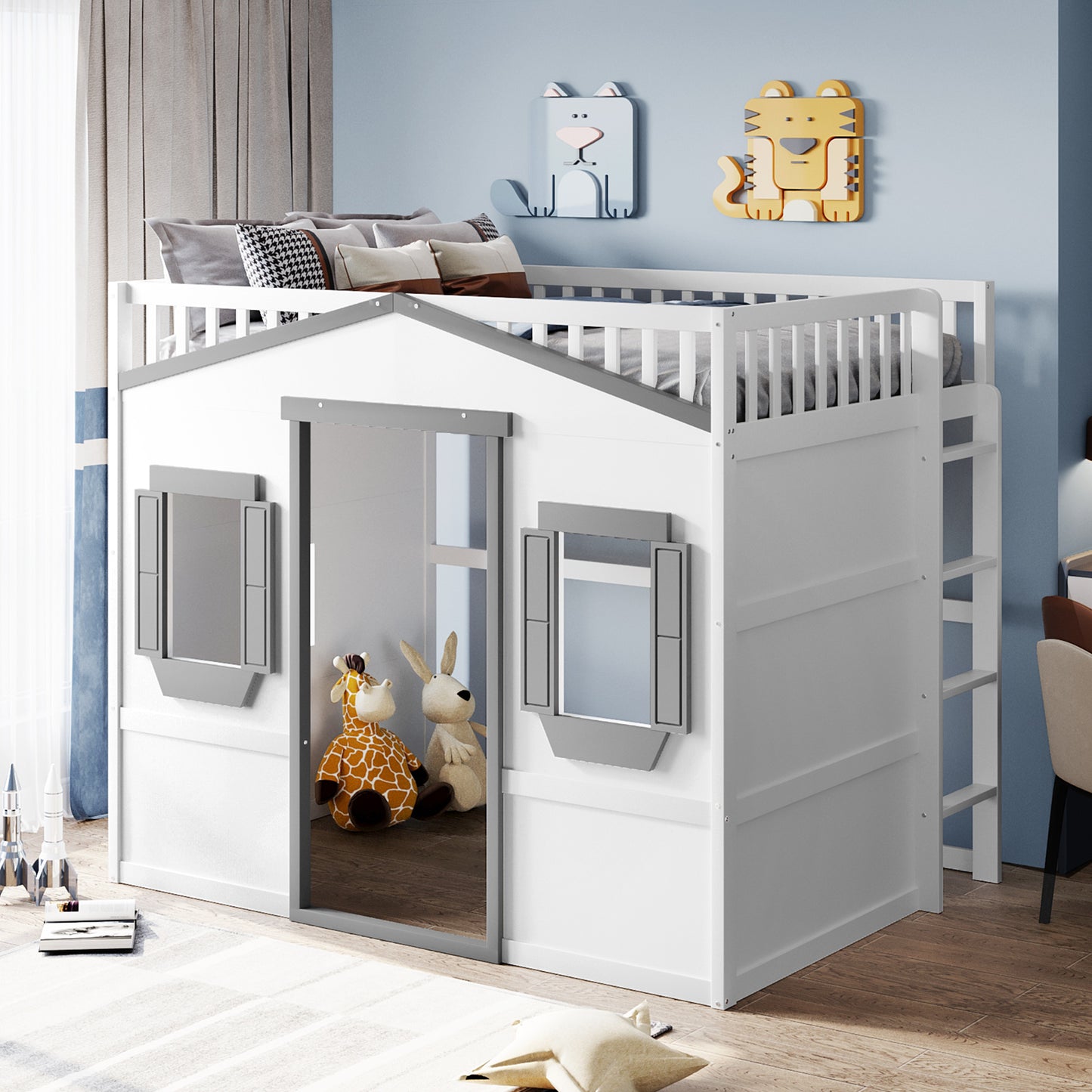 White wooden loft bed with houseshaped play area and ladder for kids