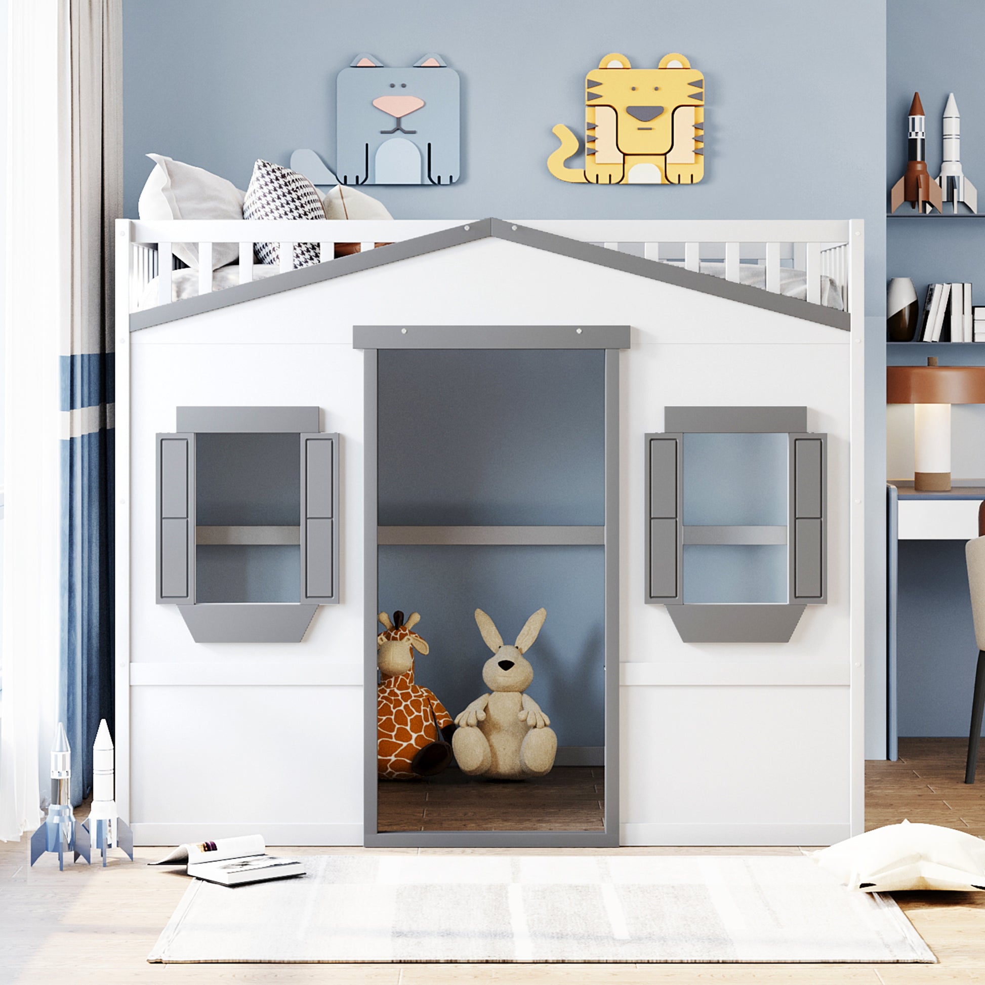 White wooden house bed frame with grey trim and playful windows