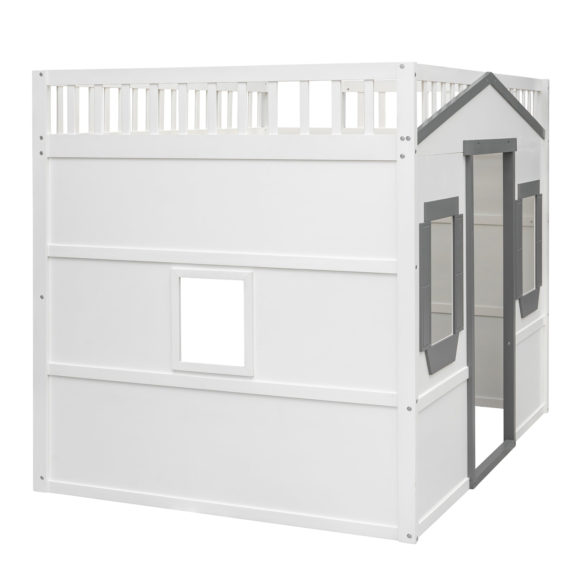 White wooden twin loft bed with houseshaped play area and grey accents