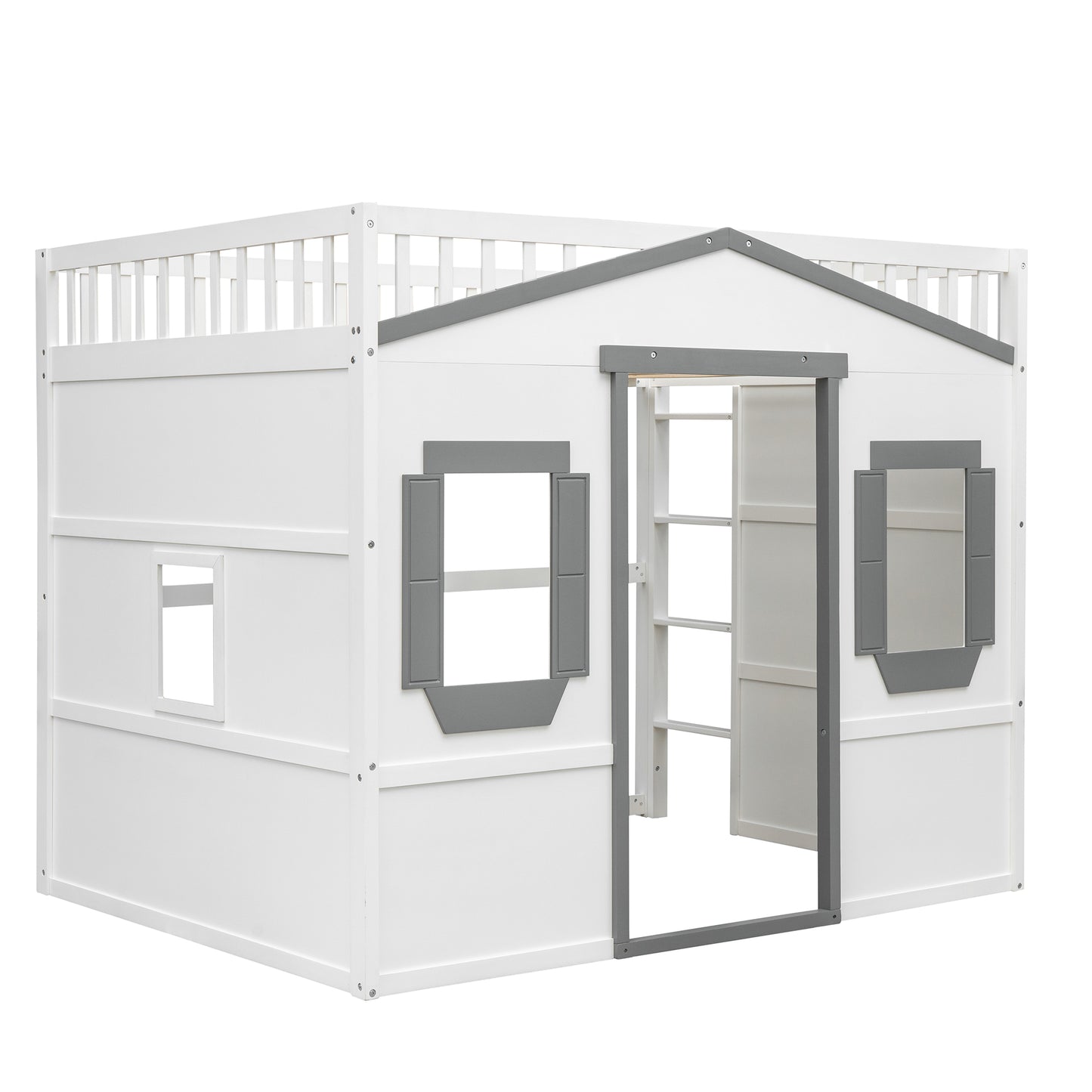 White wooden playhouse loft bed with grey trim and open doorway perfect for kids