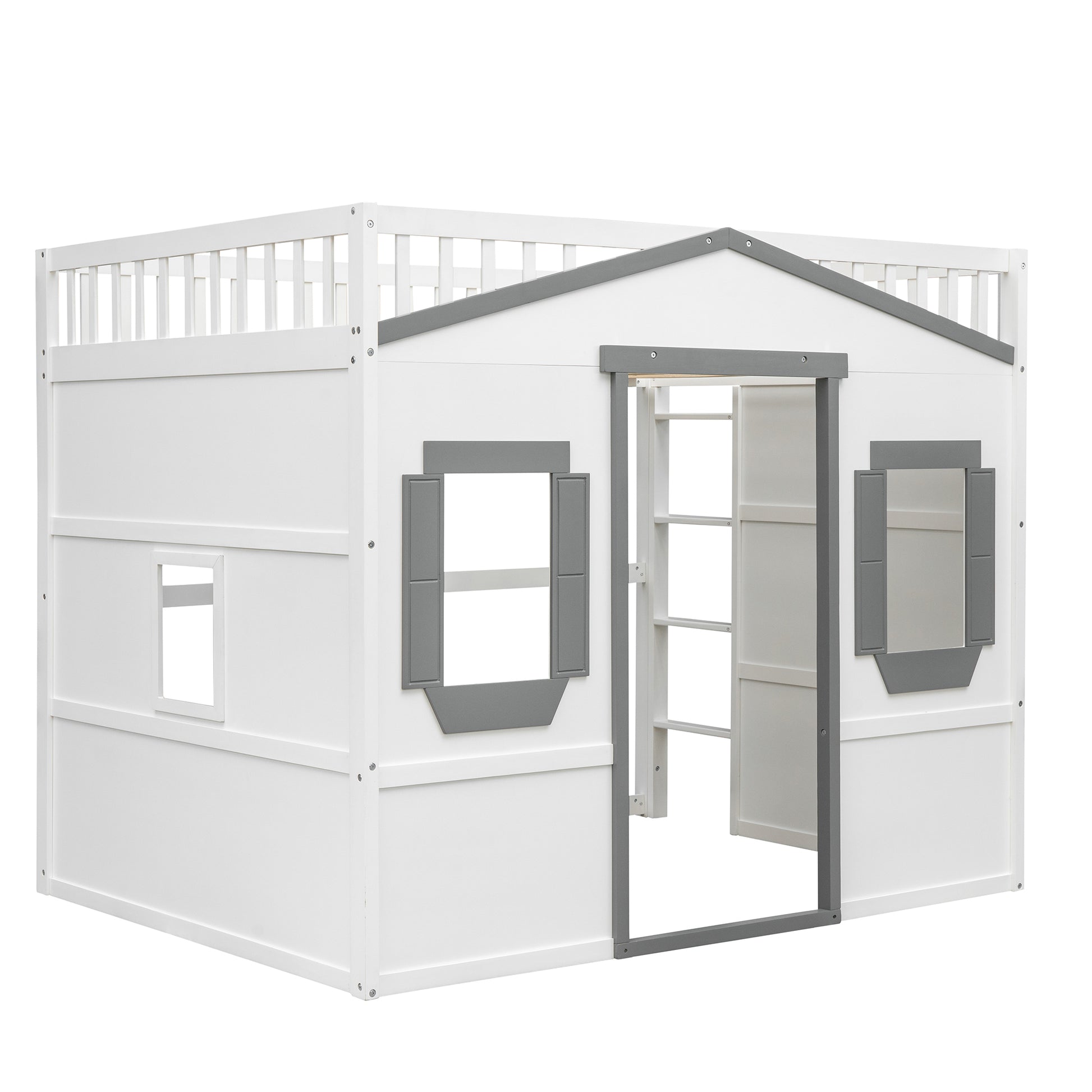 White wooden playhouse loft bed with grey trim and open doorway perfect for kids