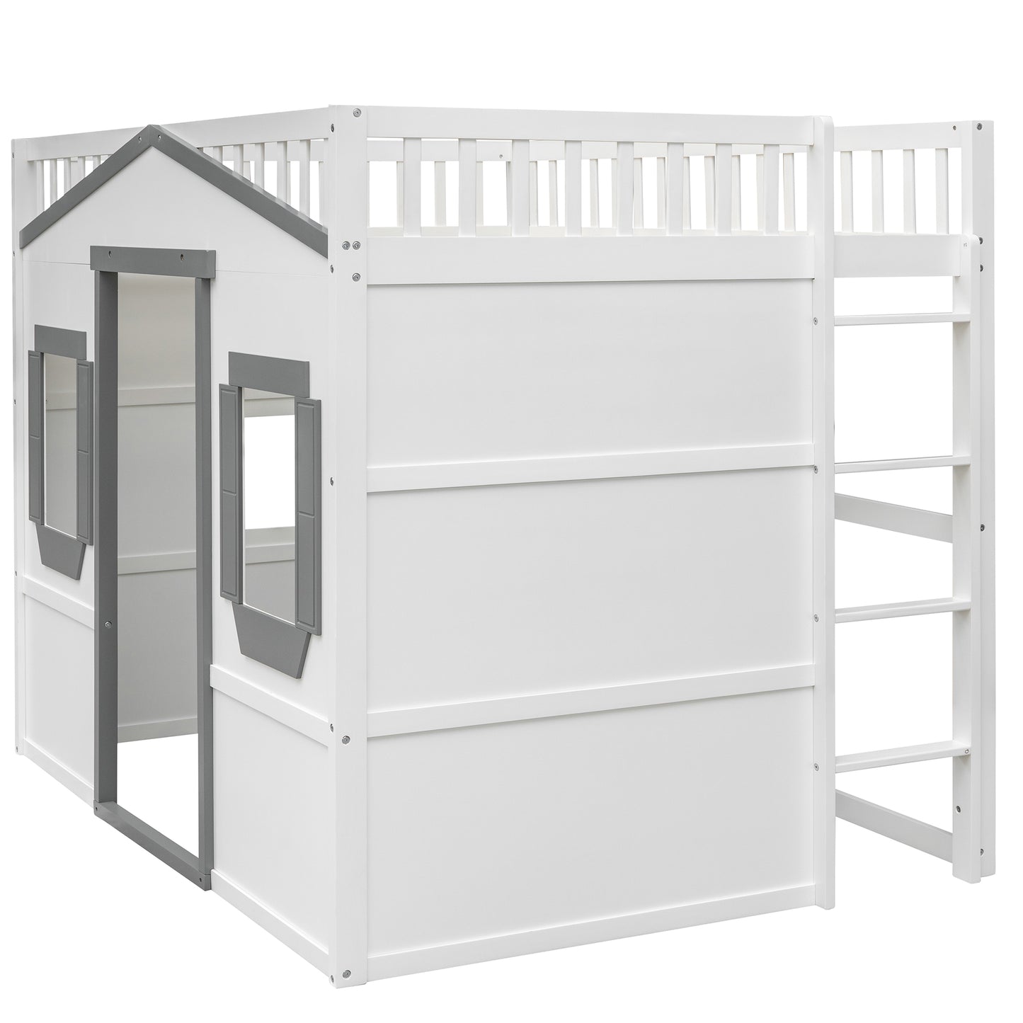 White wooden house loft bed with ladder and grey accents