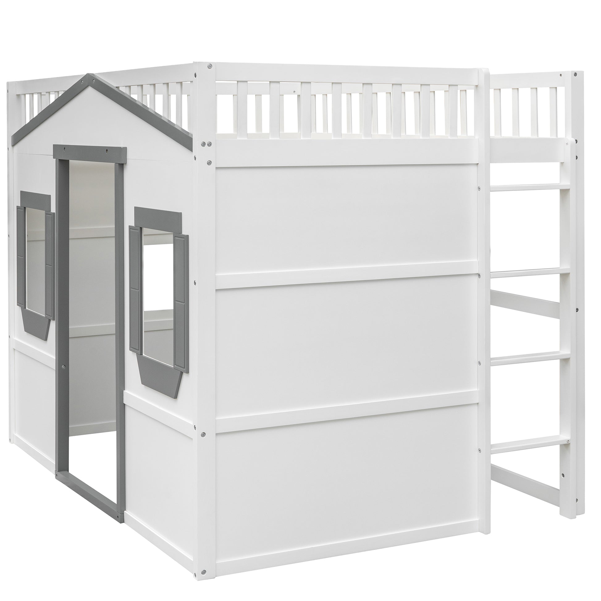 White wooden house loft bed with ladder and grey accents