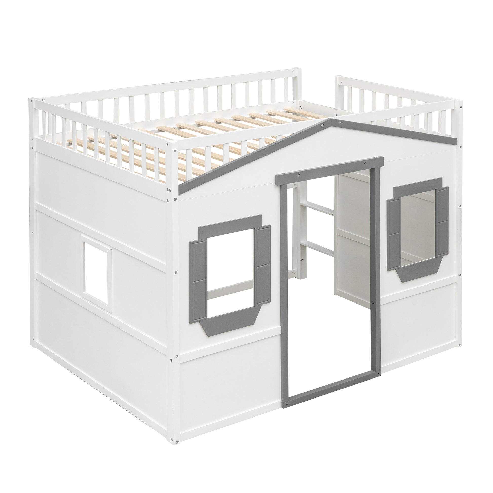 White wooden house loft bed with grey accents and safety rails