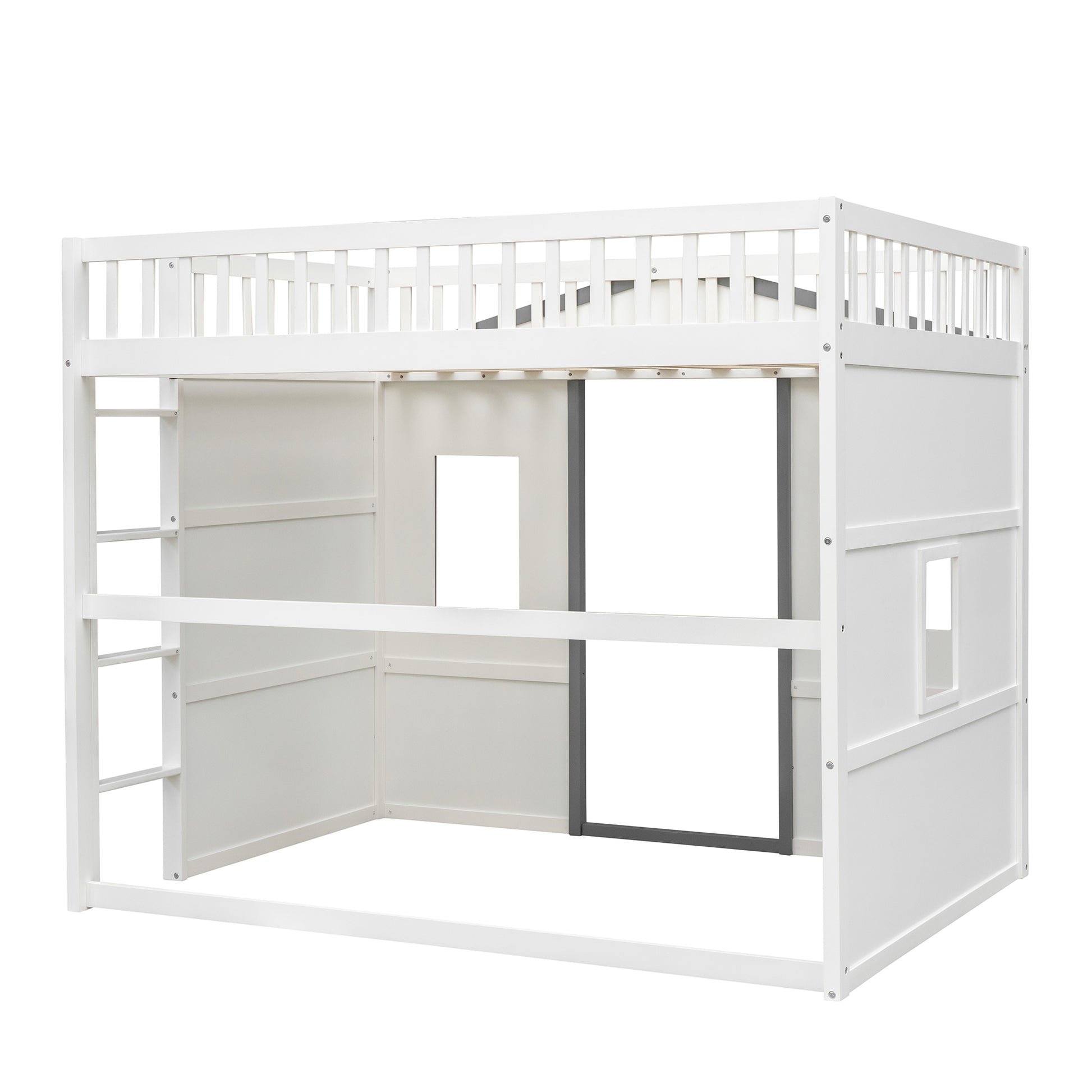 White wooden loft bed with ladder and playhouse design