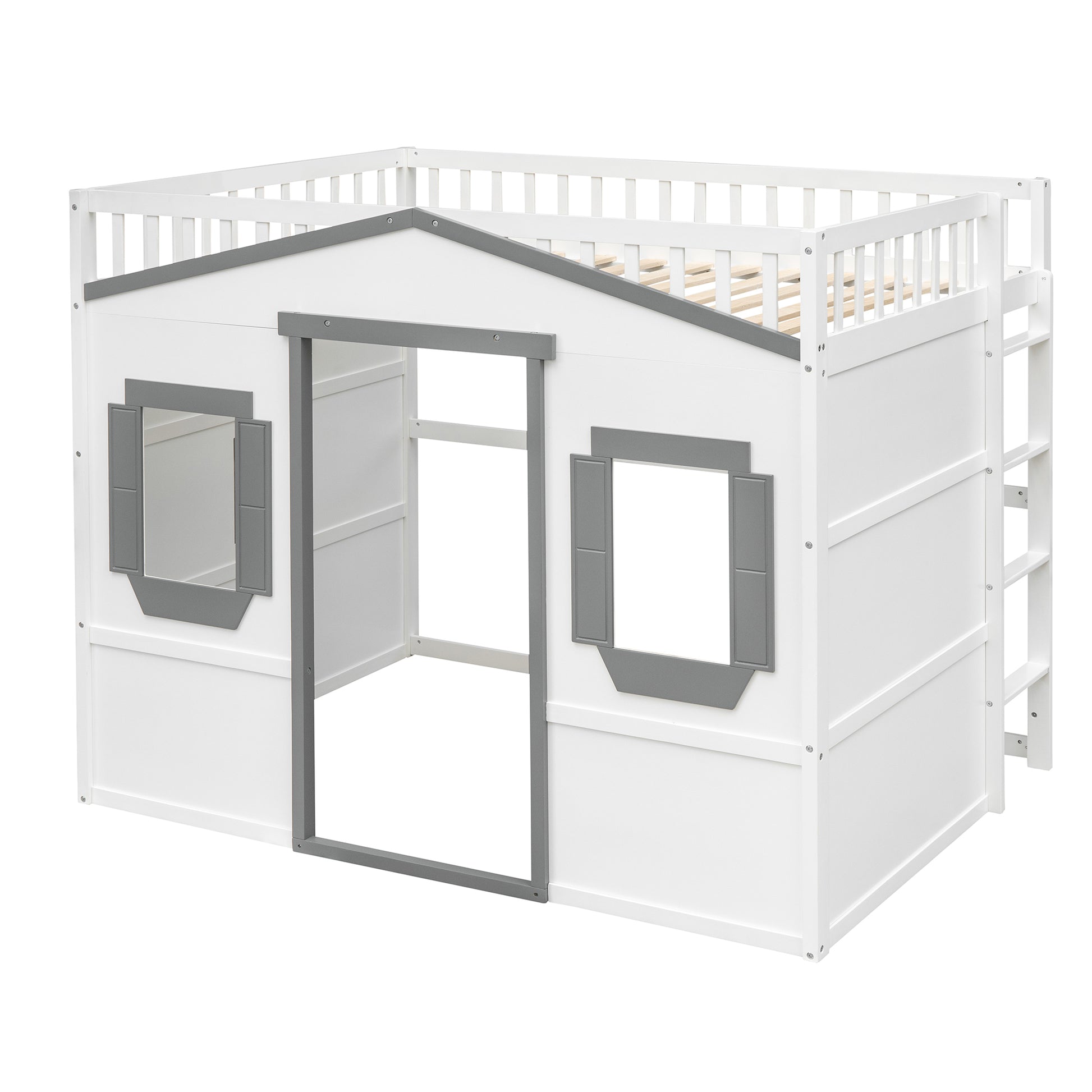 White wooden playhouse loft bed with gray accents