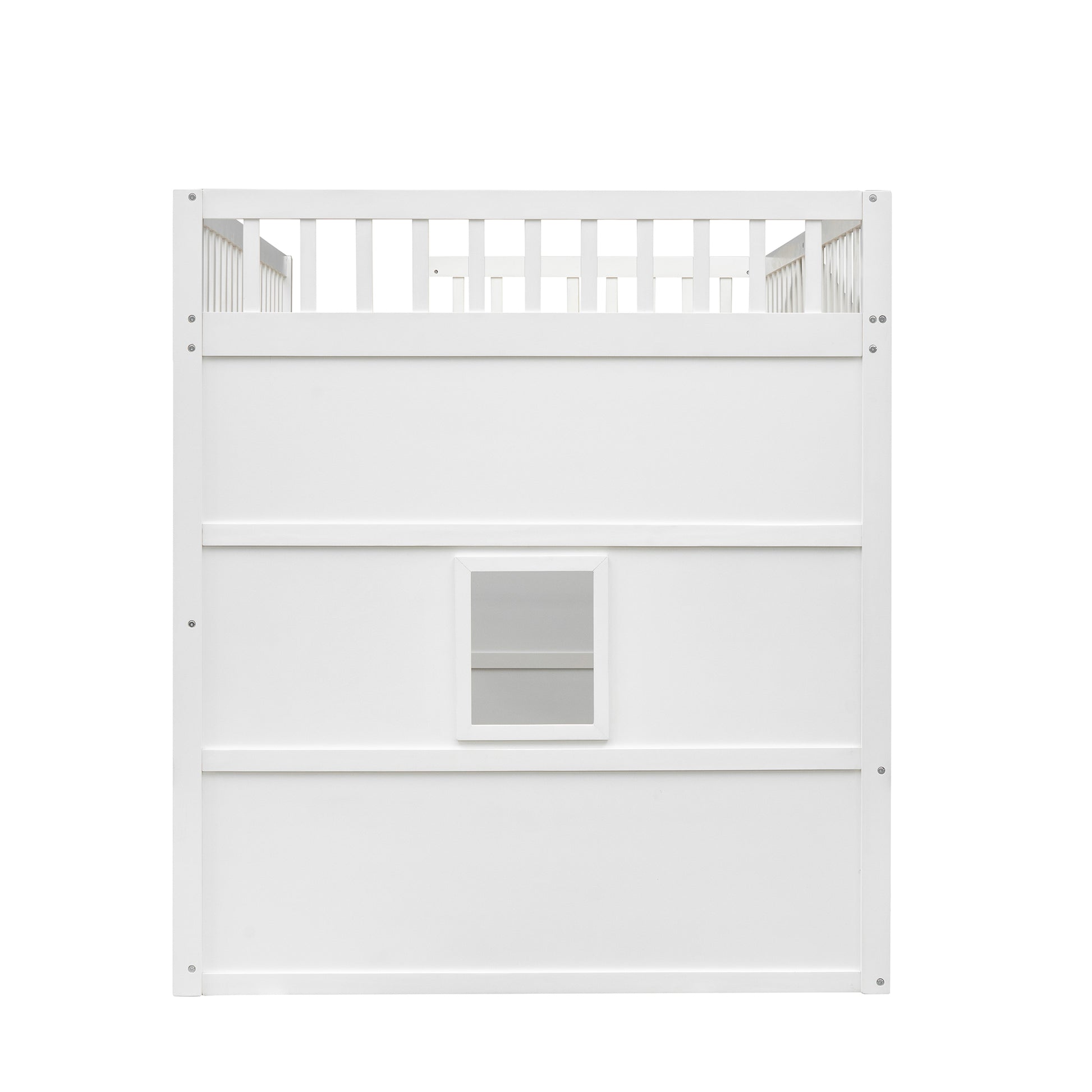 White wooden loft bed front panel with square window and railing