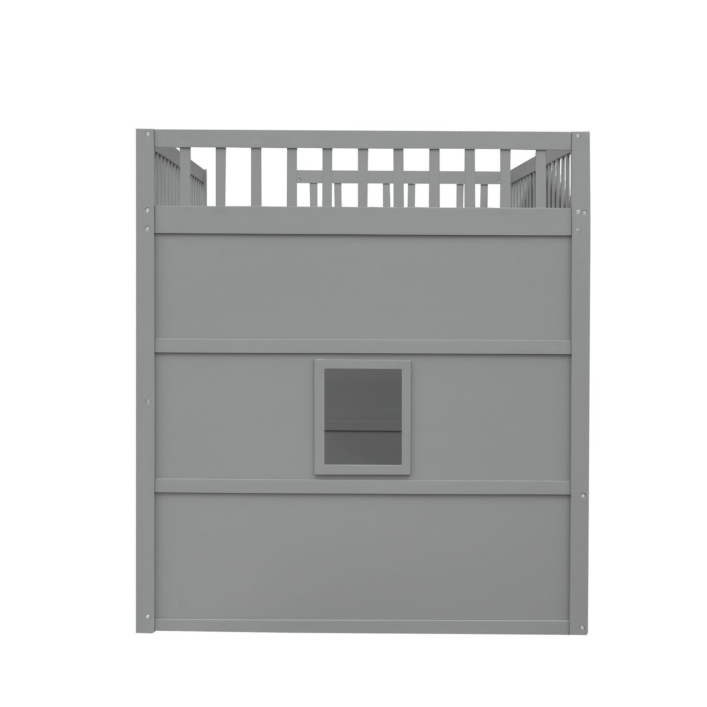 Gray wooden playhouse bed frame with railing and window