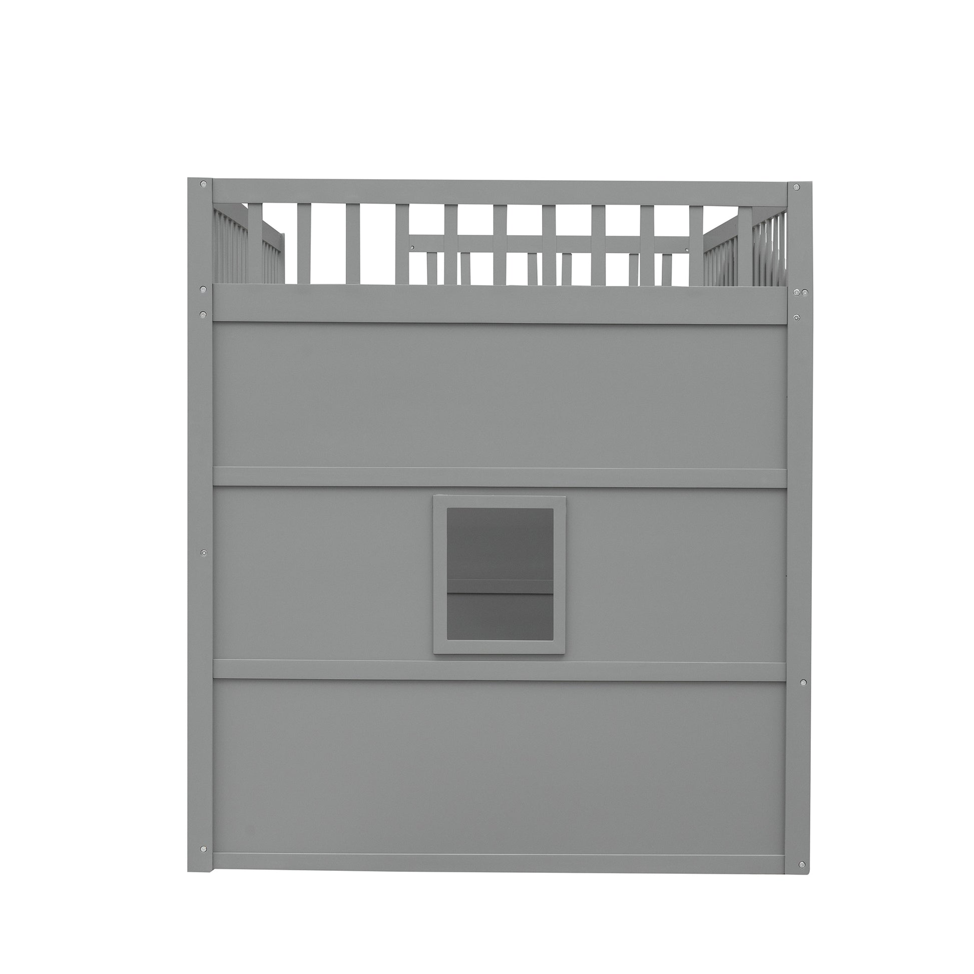 Gray wooden playhouse bed frame with railing and window