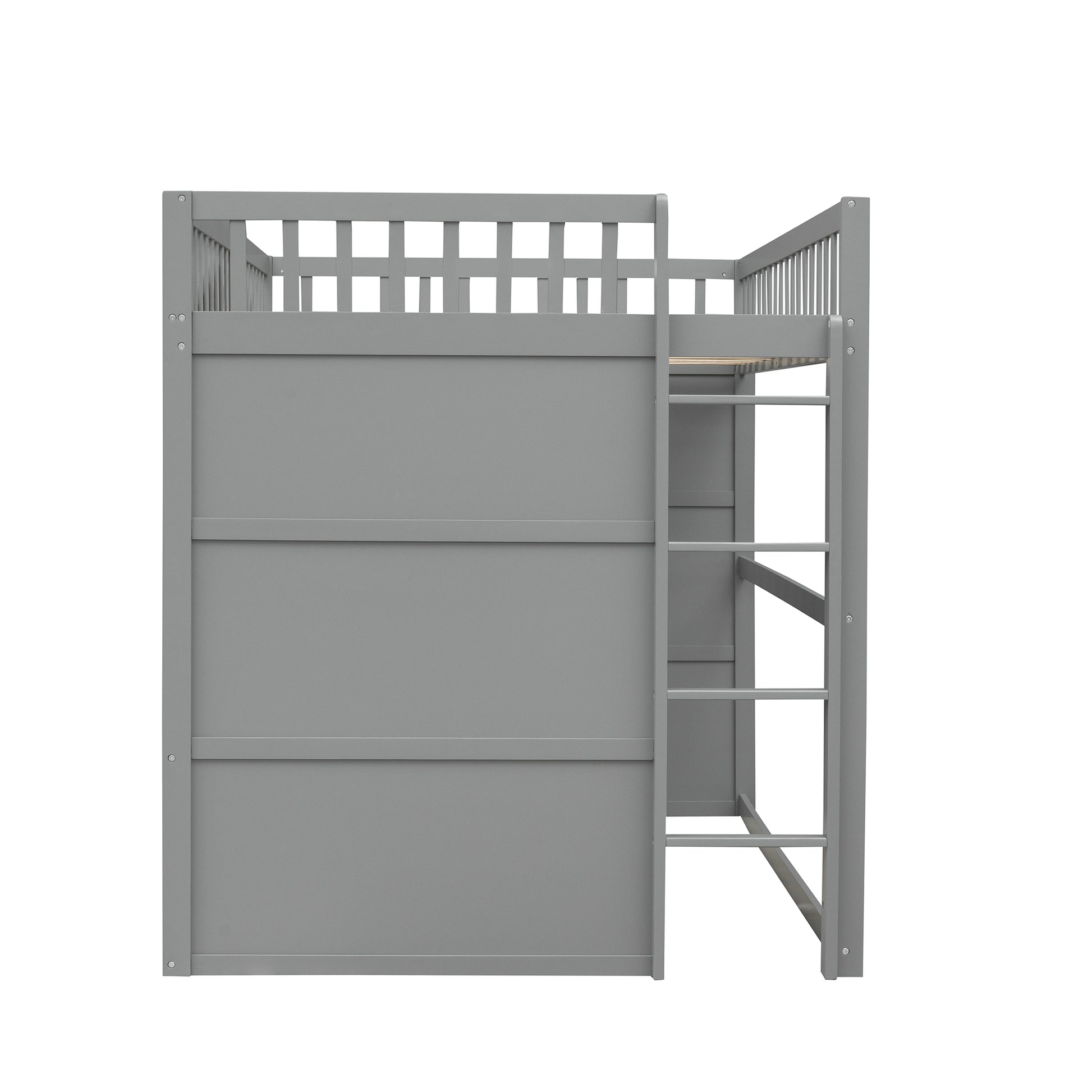 Gray wooden loft bed with ladder and safety rails