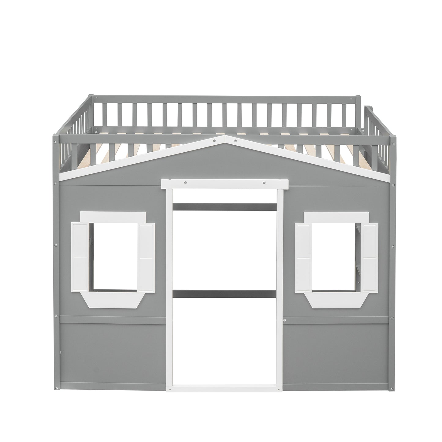 Gray wooden loft bed with house facade white windows and railing for kids