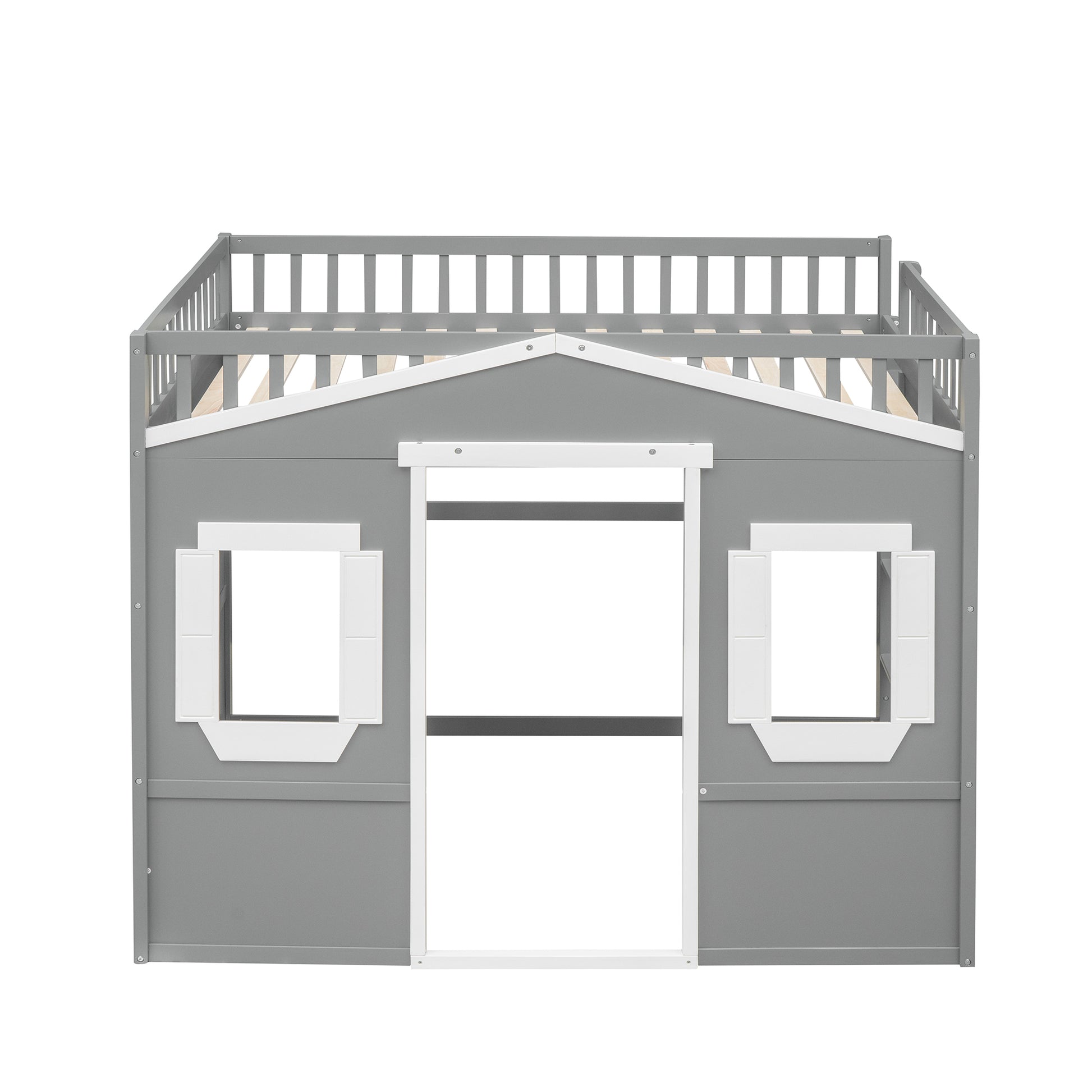 Gray wooden loft bed with house facade white windows and railing for kids