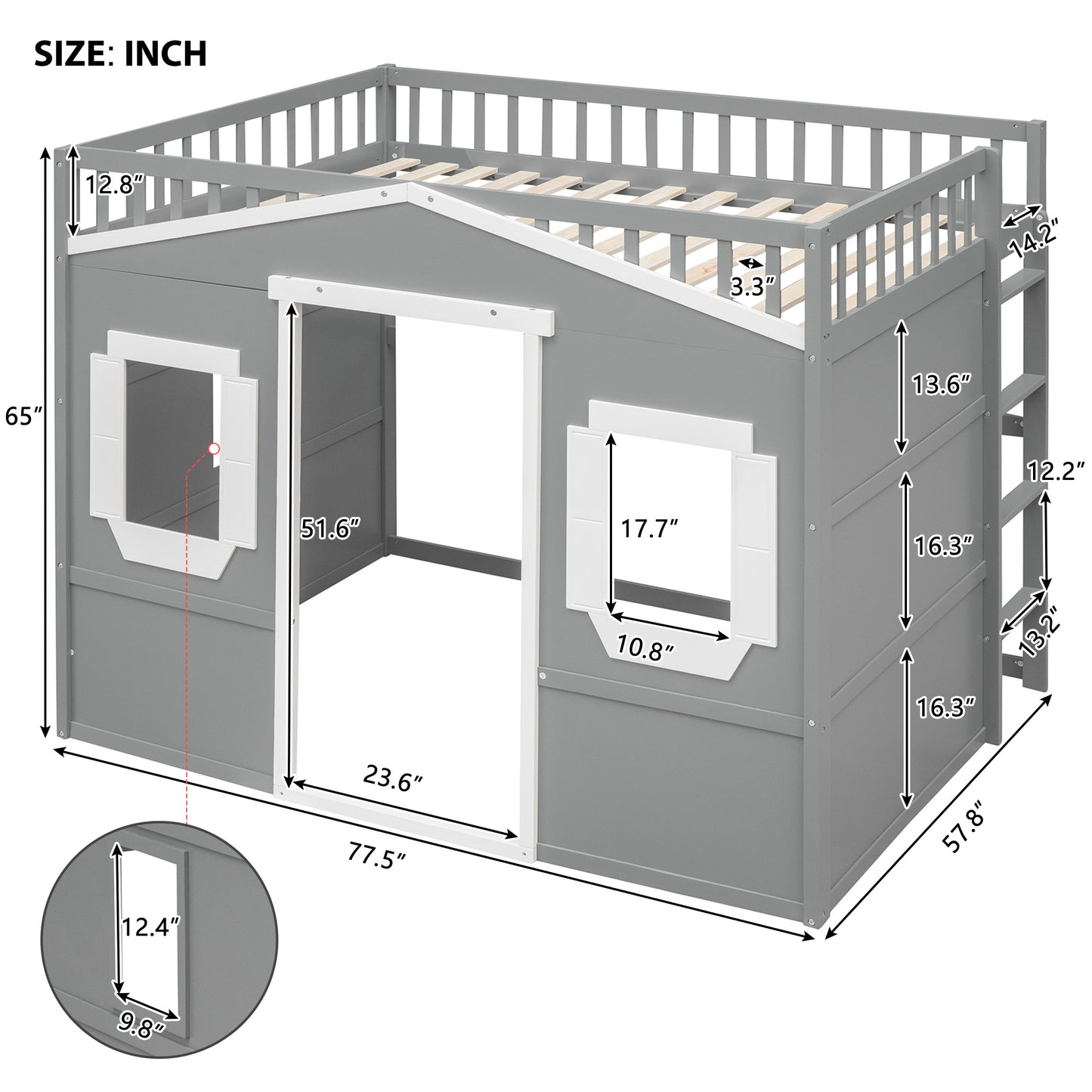 Grey wooden loft bed with houseshaped design and white trim detailing  inches tall