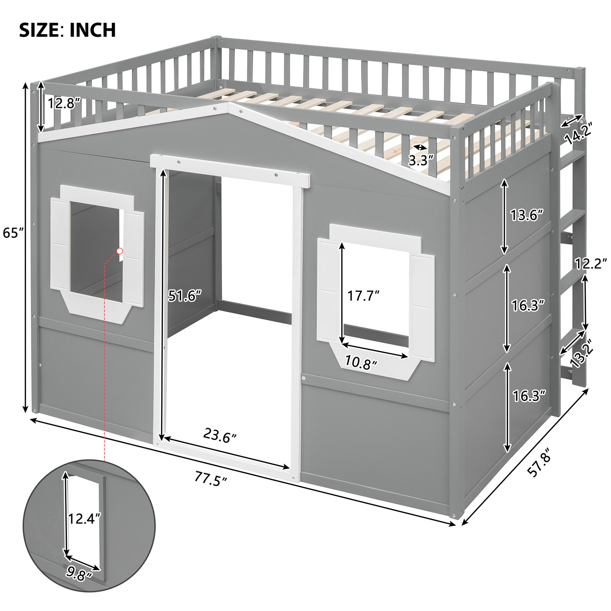 Grey wooden loft bed with houseshaped design and white trim detailing  inches tall