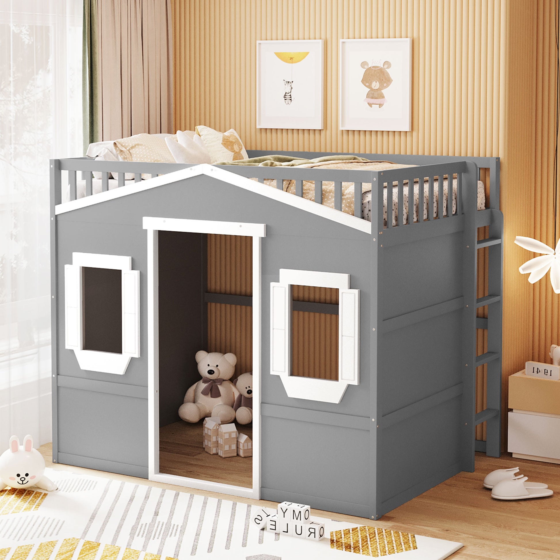 Gray twin loft bed with houseshaped play area and slide