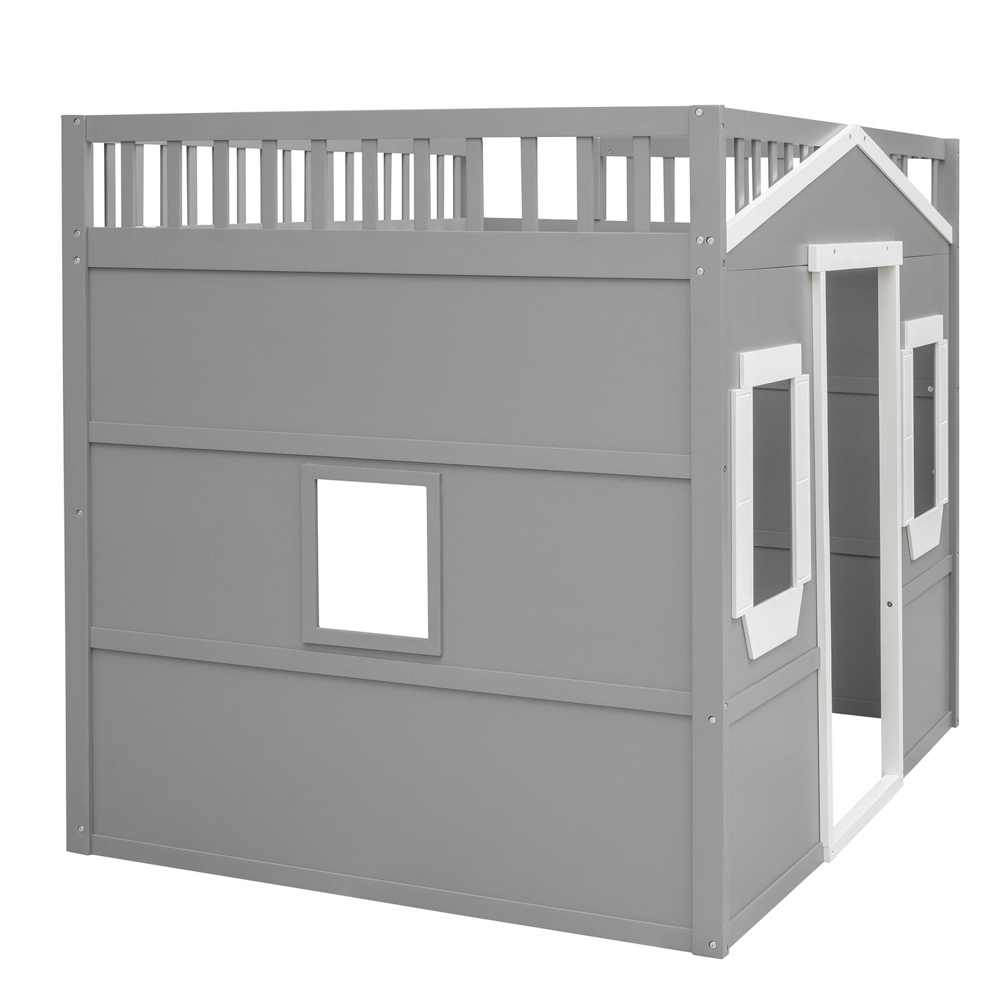 Grey wooden playhouse bed with white trim and fencelike railing