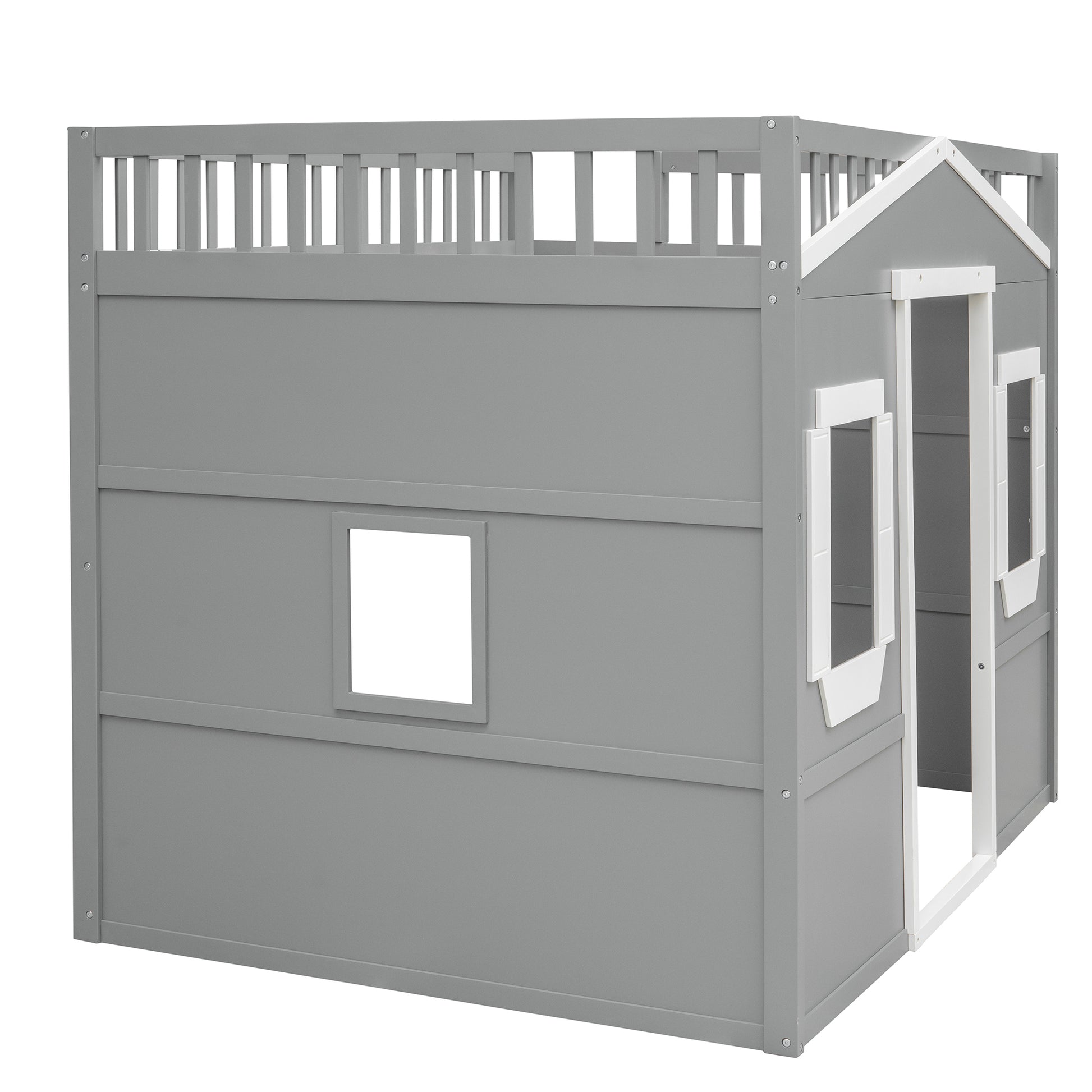 Grey wooden playhouse bed with white trim and fencelike railing