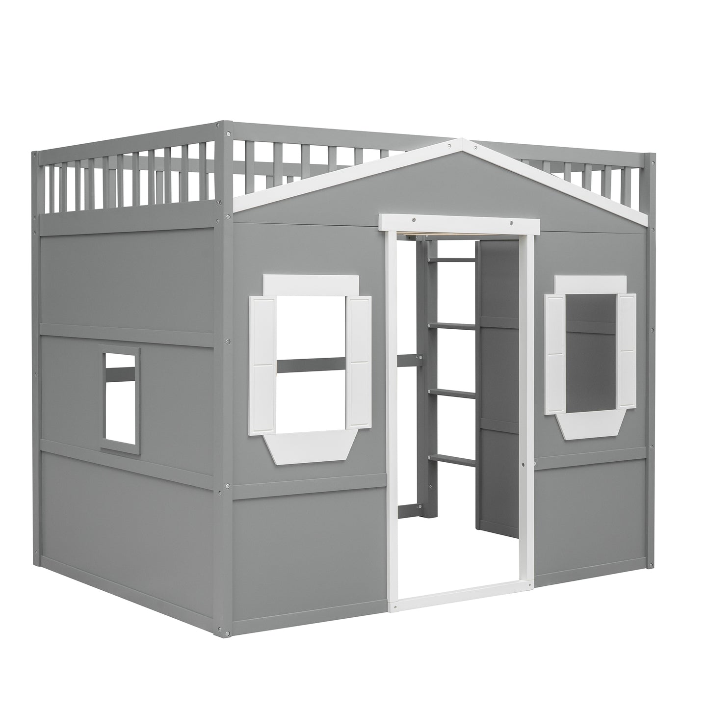 Gray wooden playhouse loft bed with white trim and ladder