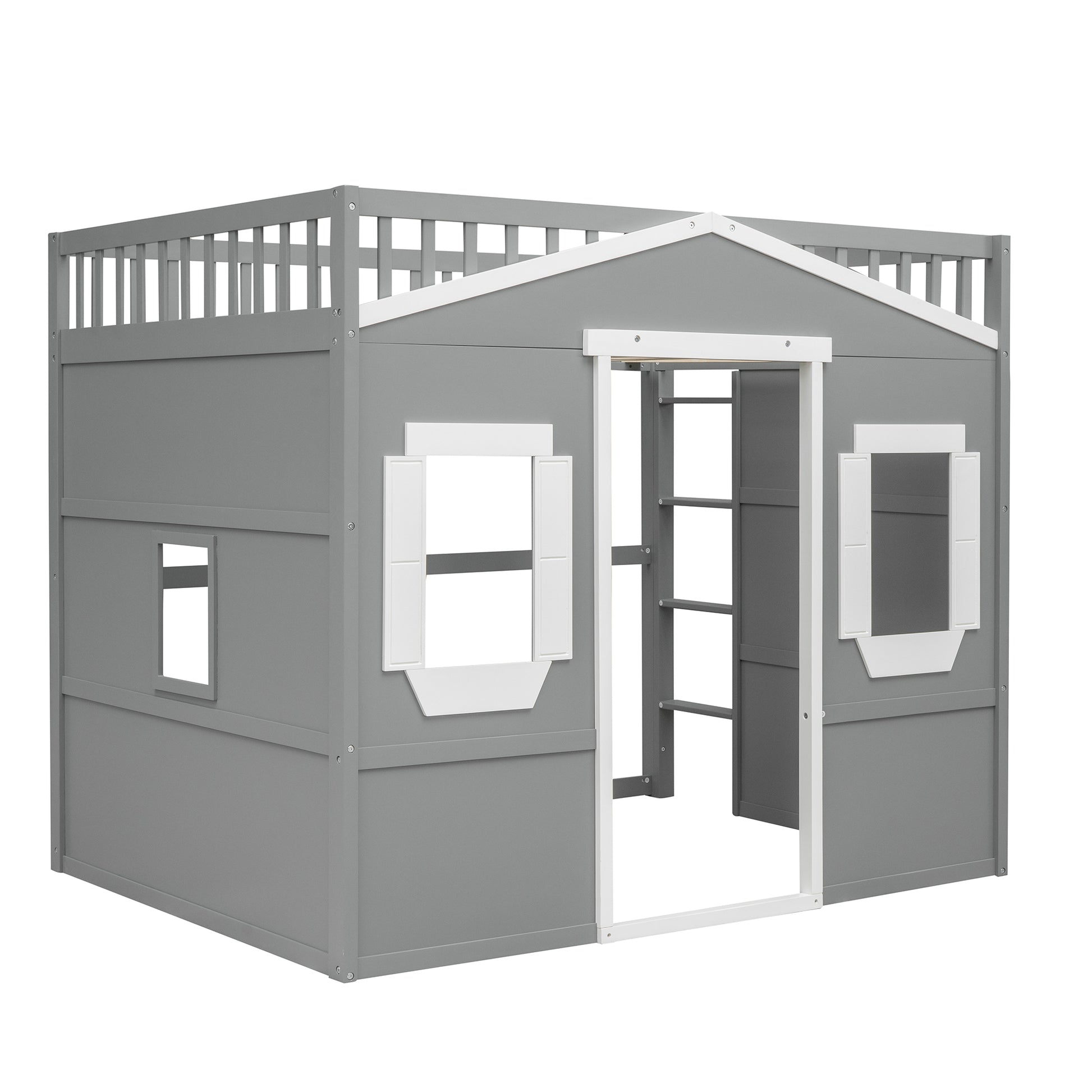Gray wooden playhouse loft bed with white trim and ladder