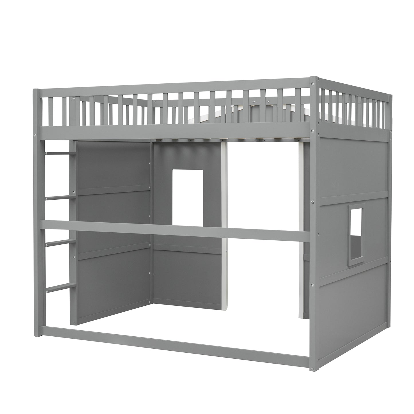 Grey wooden loft bed with ladder and playhouse feature