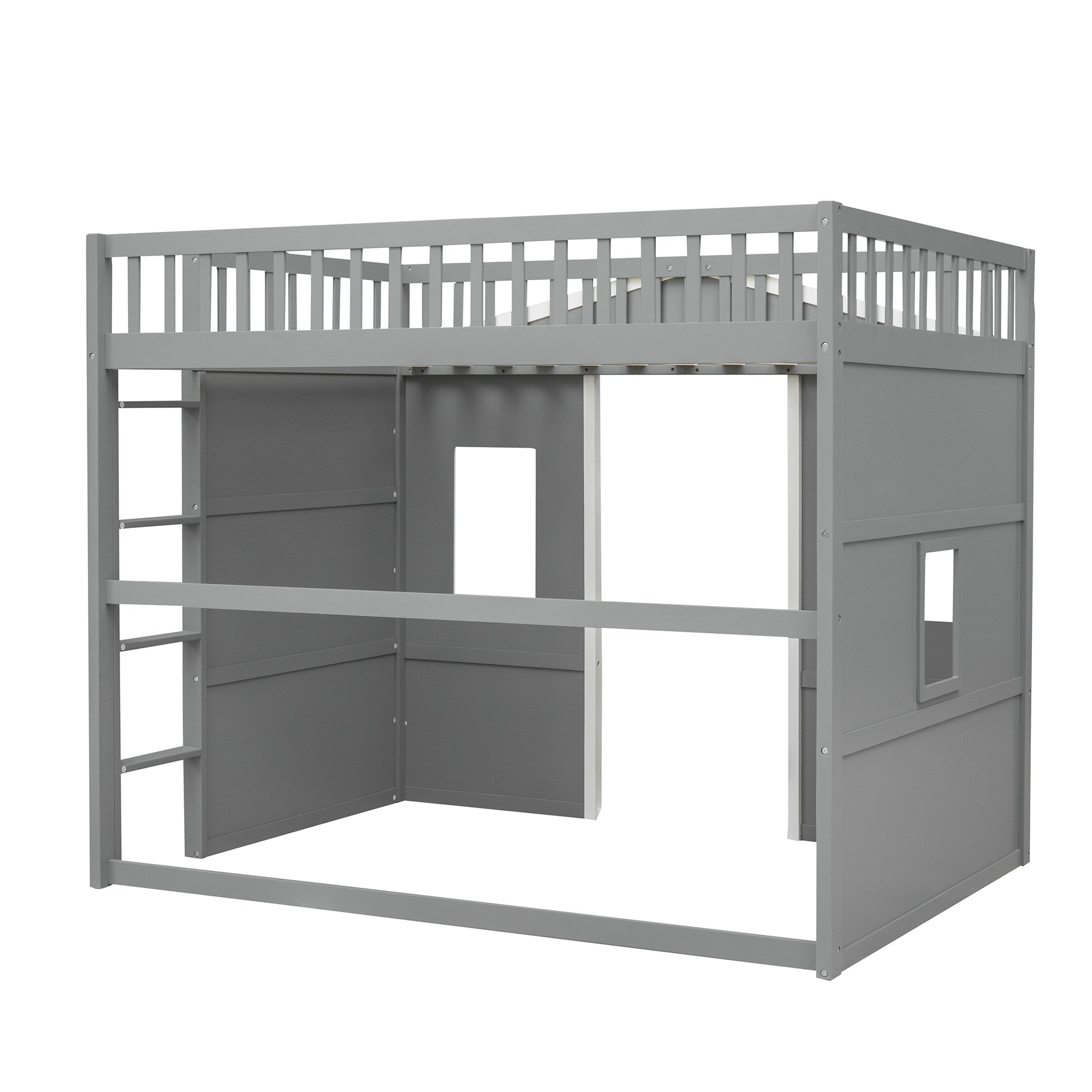 Grey wooden loft bed with ladder and playhouse feature