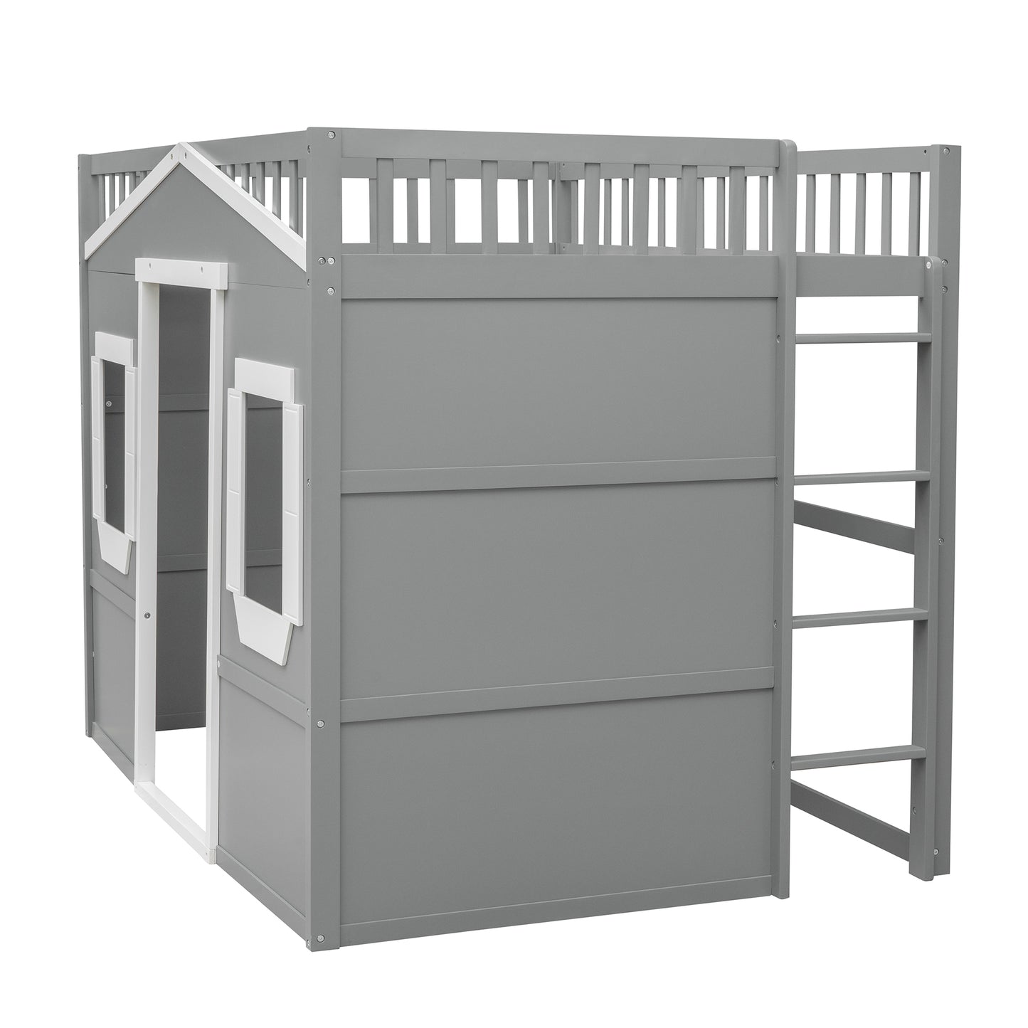 Gray wooden loft bed with houseshaped design and integrated ladder