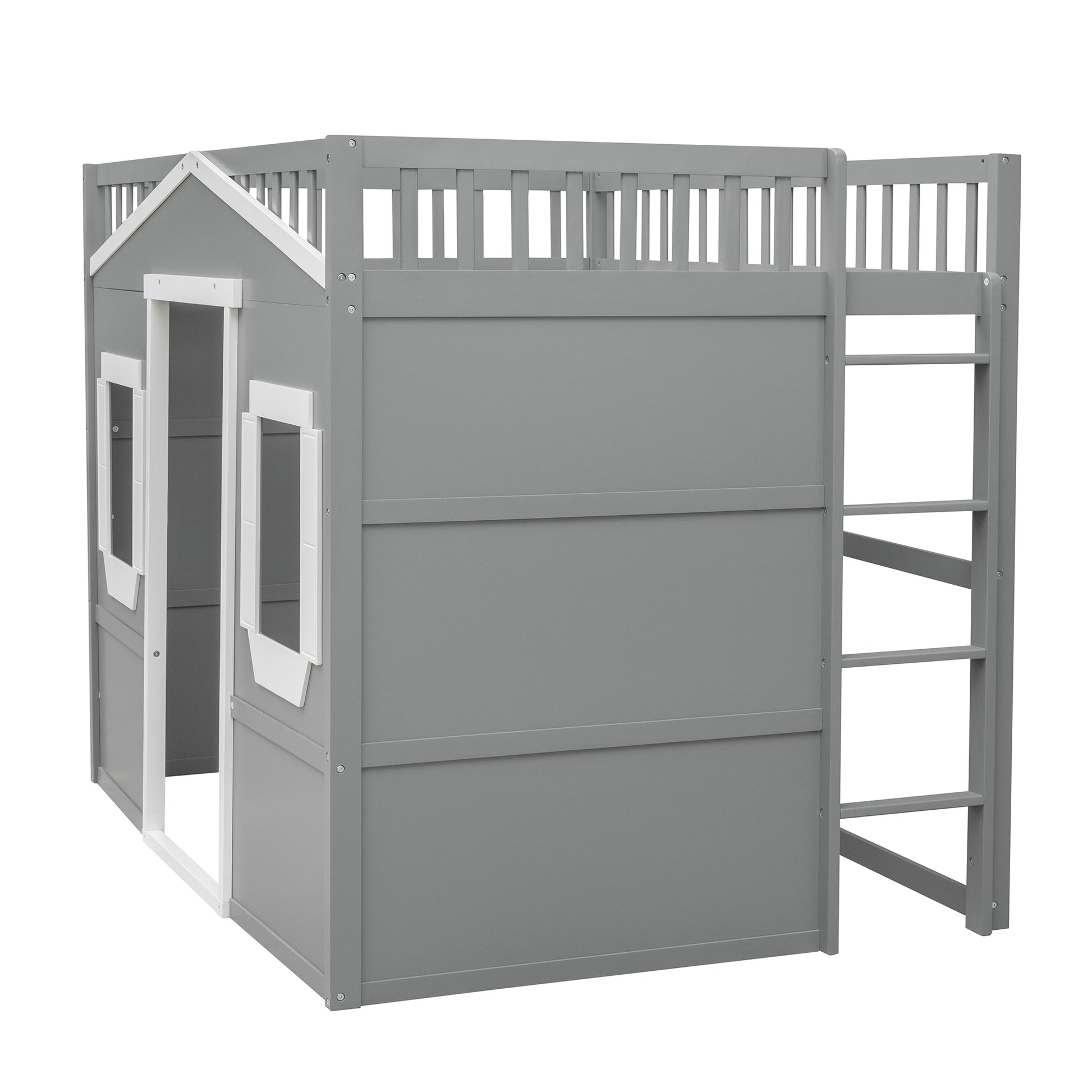 Gray wooden loft bed with houseshaped design and integrated ladder