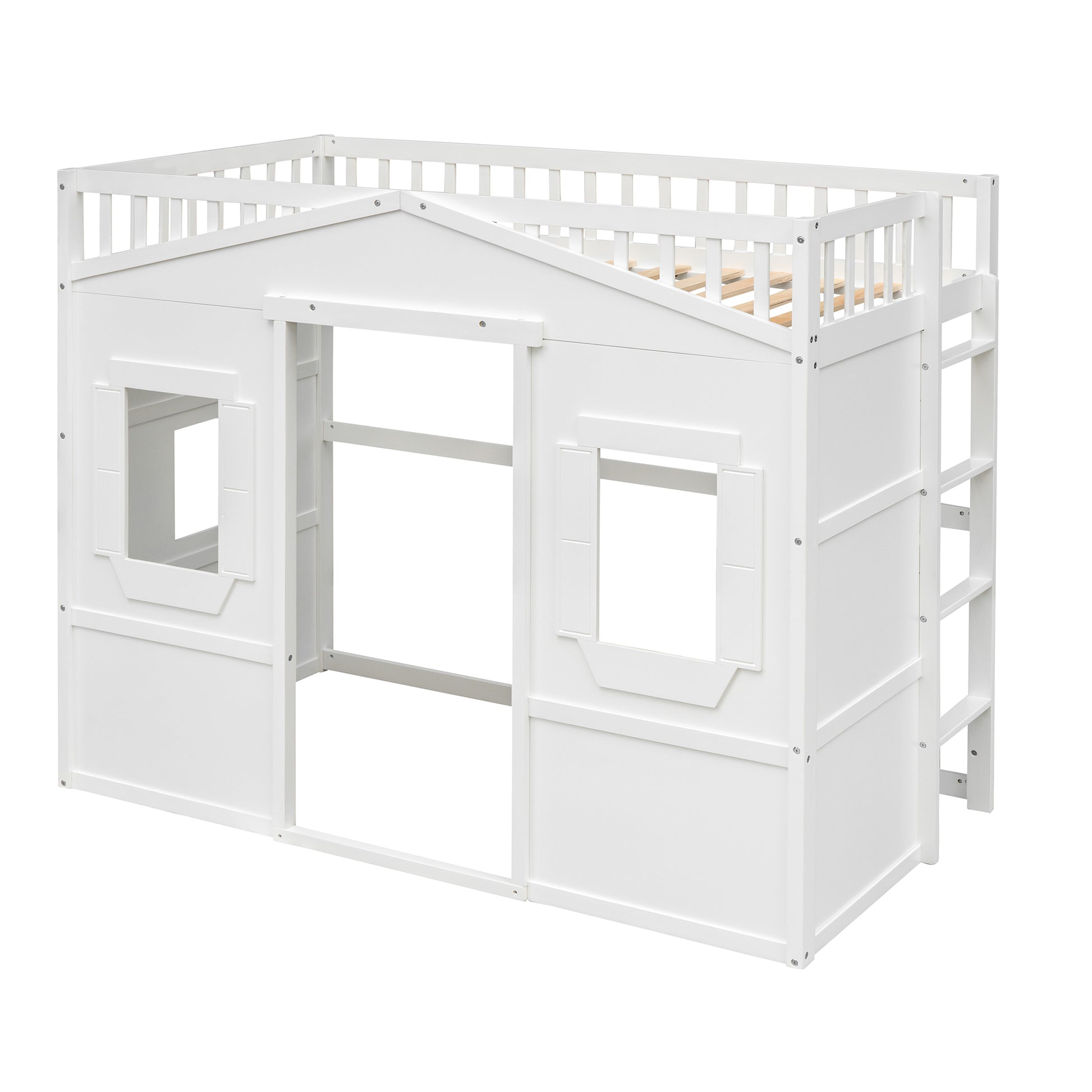White wooden loft bed with houseshaped frame and ladder