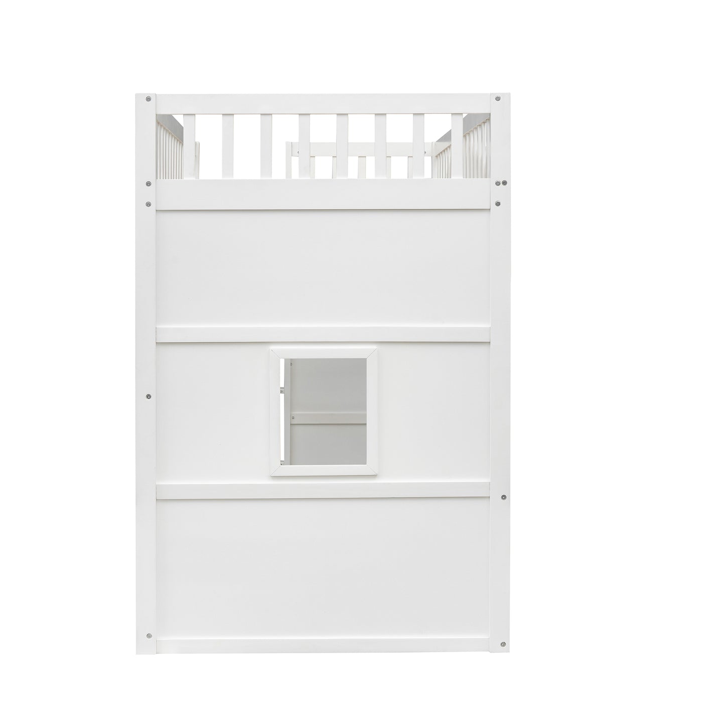 White wooden toddler bed with safety rails and a small window detail