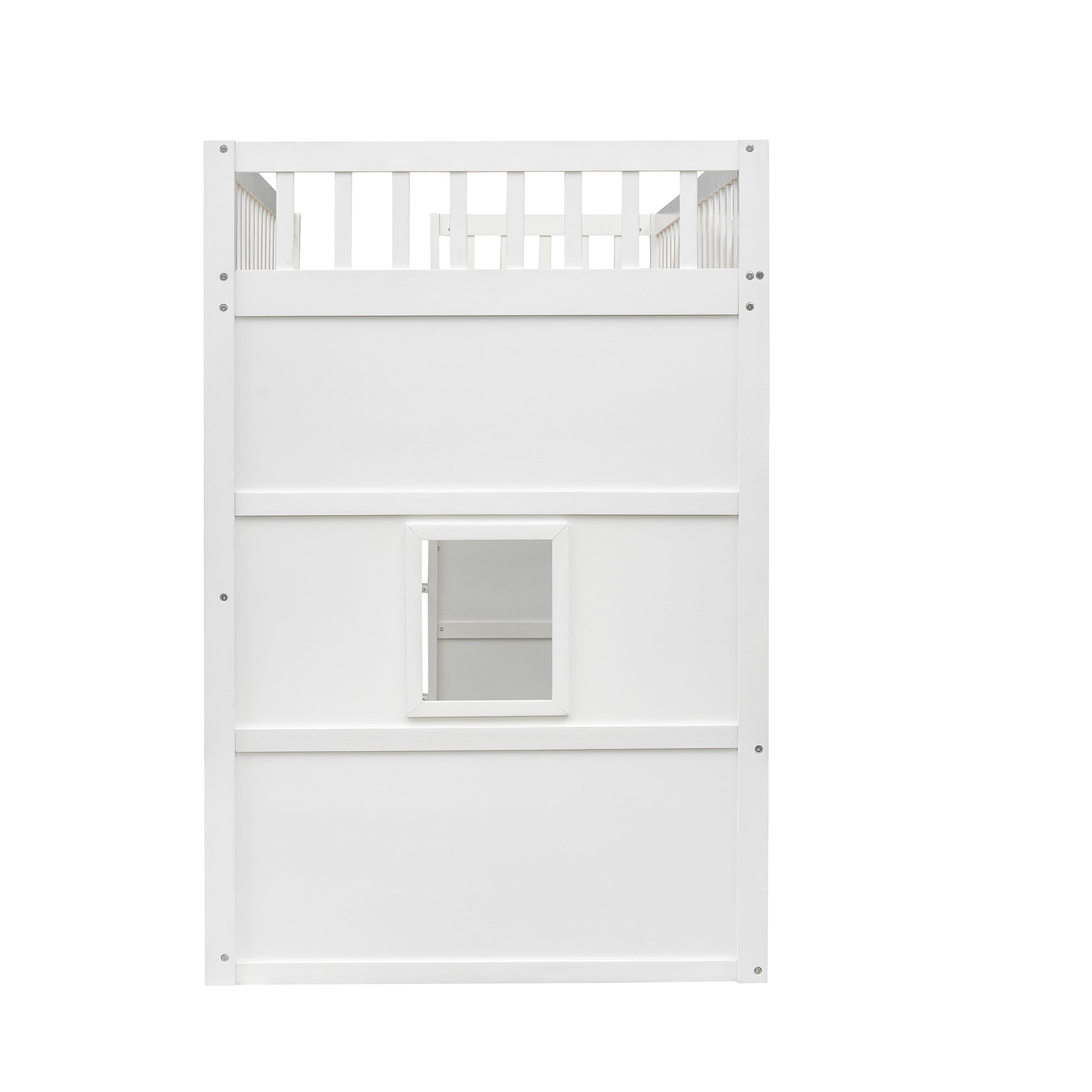 White wooden toddler bed with safety rails and a small window detail