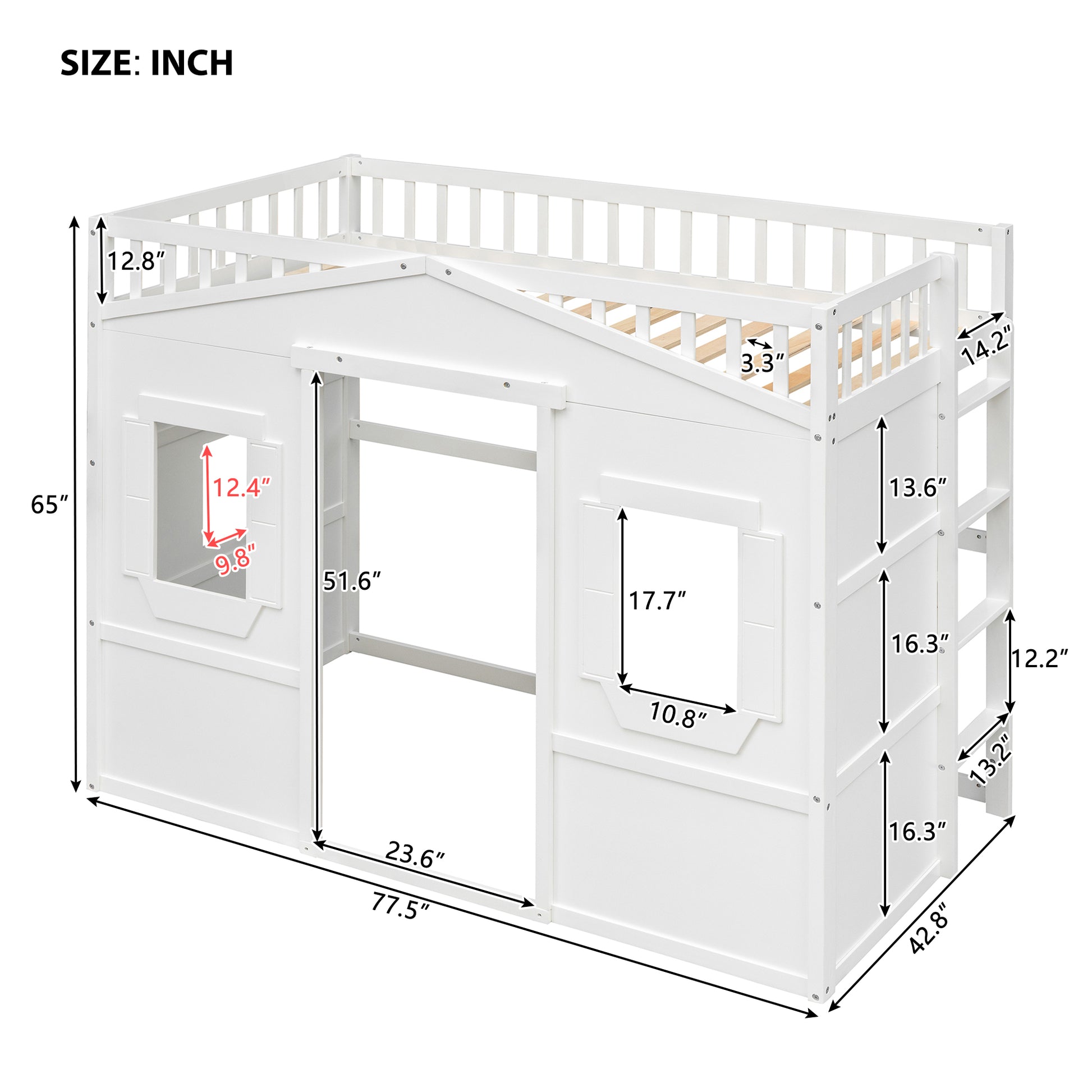 White loft bed with stairs showing dimensions for overall height and width