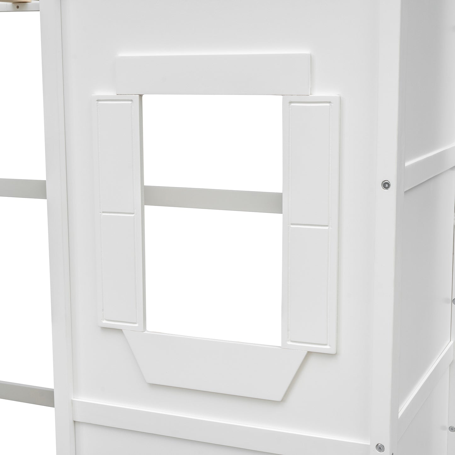 White wooden playhouse loft bed with window detail