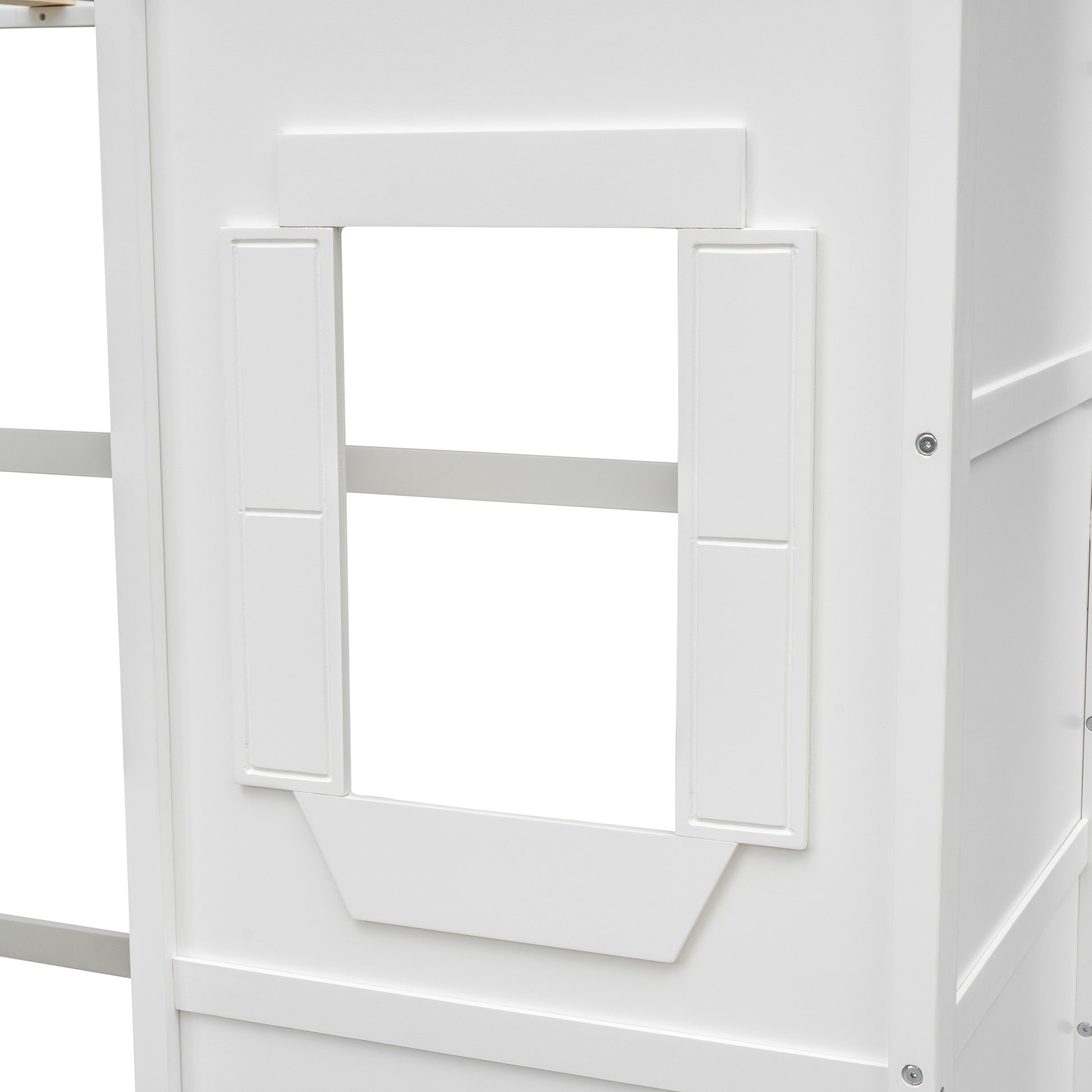 White wooden playhouse loft bed with window detail