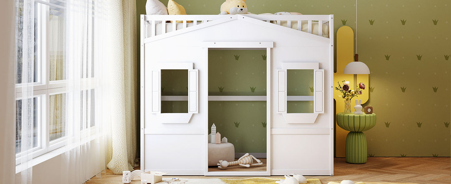 White wooden house loft bed with toyfilled interior and playful design for kids