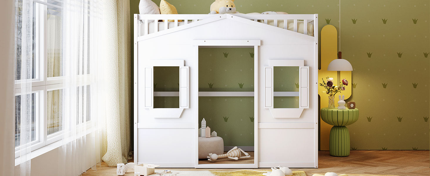 White wooden house loft bed with toyfilled interior and playful design for kids