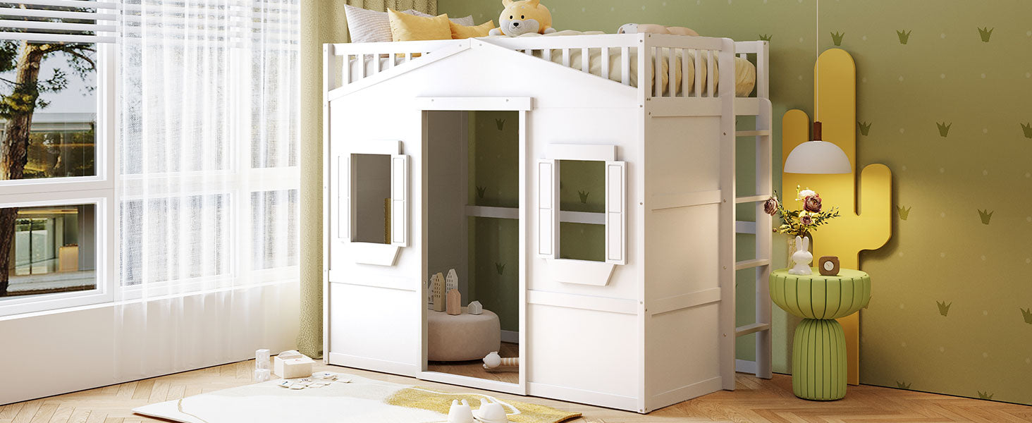 White wooden house loft bed with ladder for kids