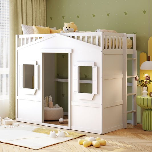 White wooden house loft bed with ladder and yellow accents