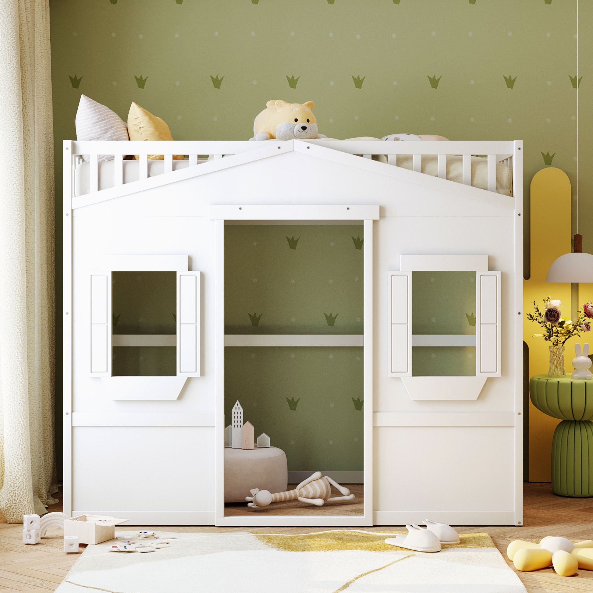 White wooden houseshaped twin loft bed with railing windows and an opening door for childrens room