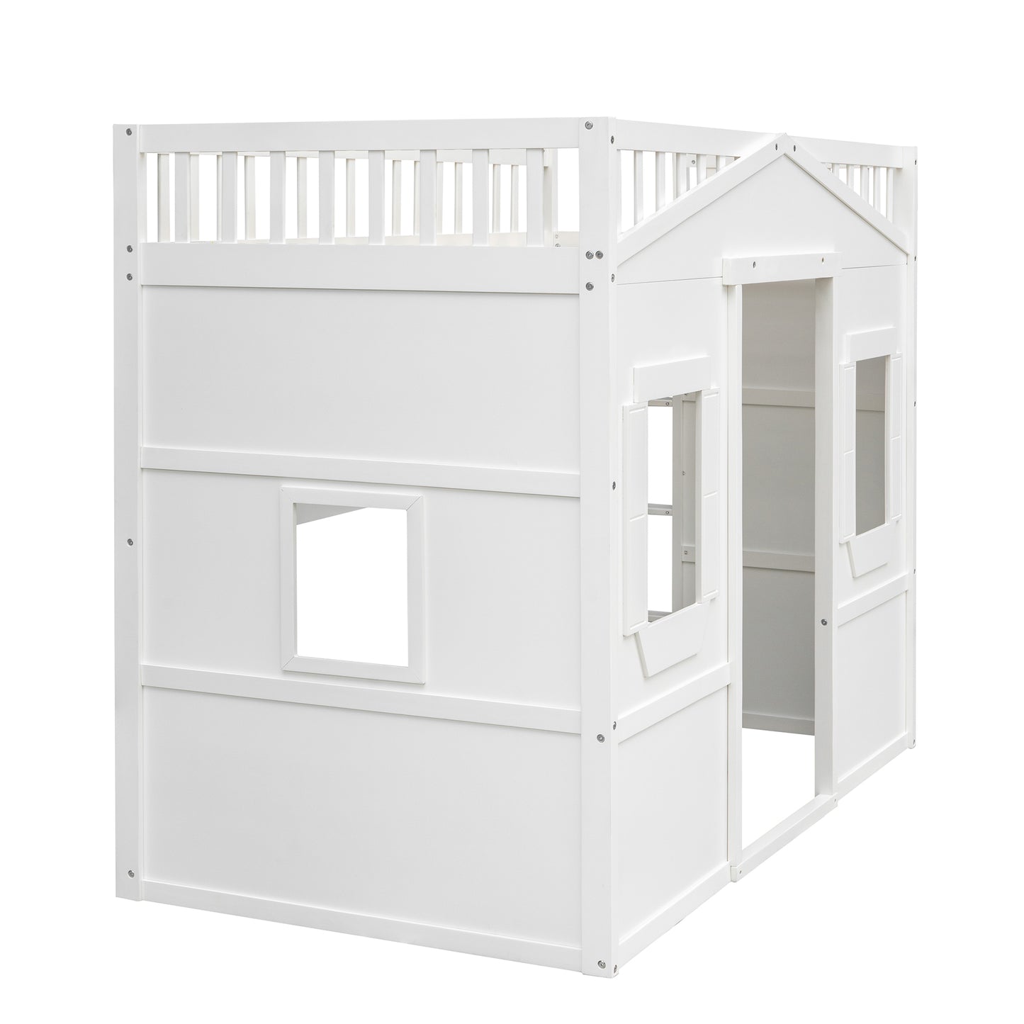 White wooden houseshaped loft bed with fence detail