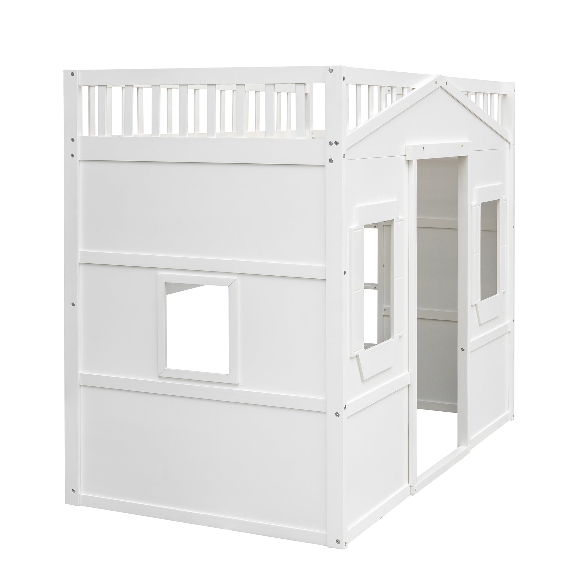 White wooden houseshaped loft bed with fence detail