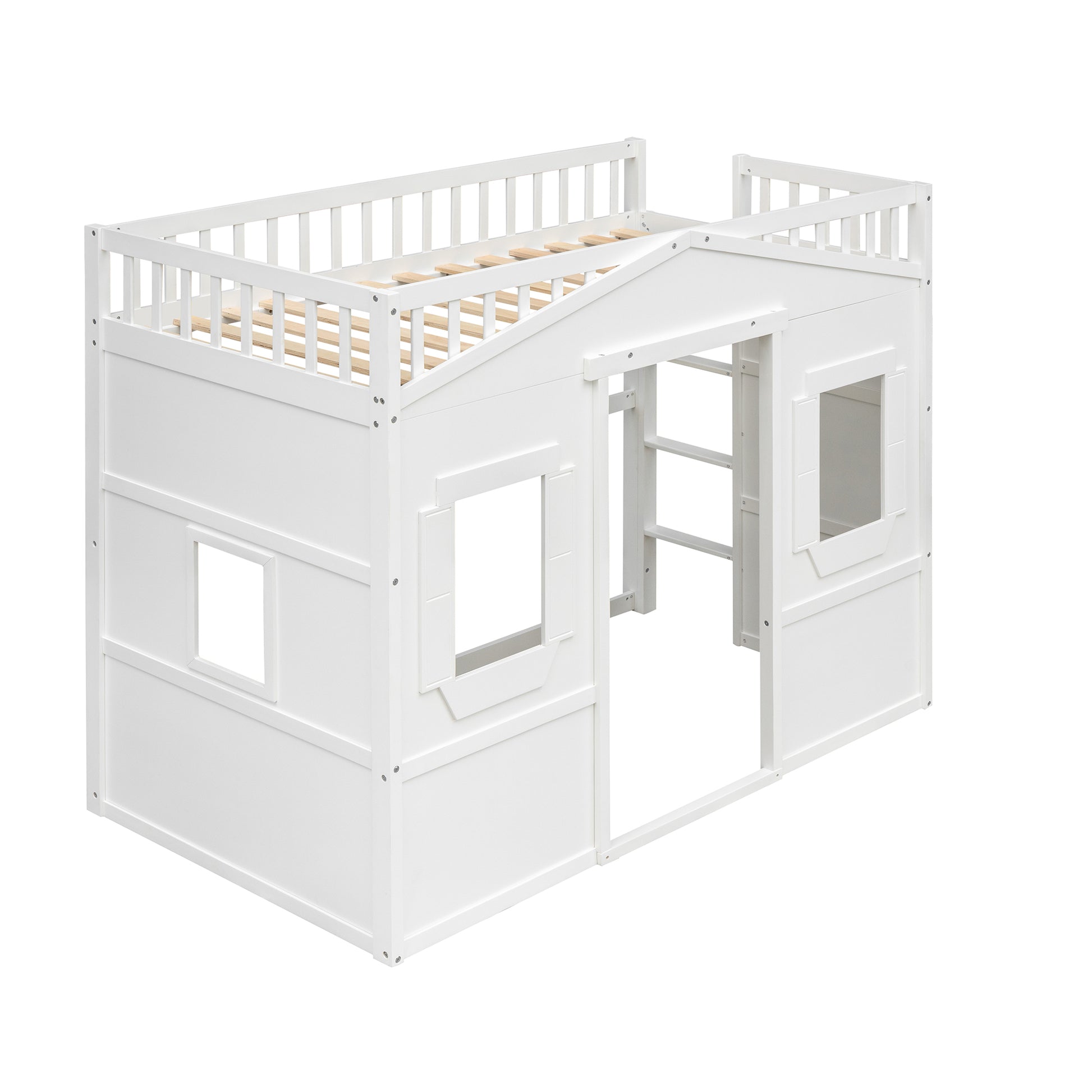 White wooden house loft bed for kids