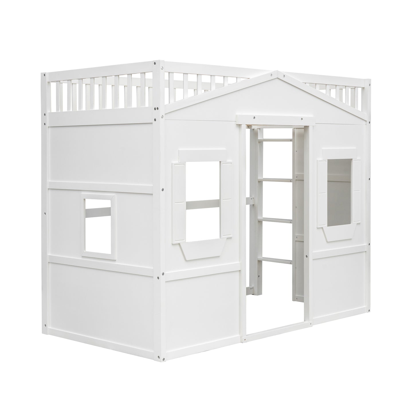 White wooden playhouse loft bed with ladder and windows