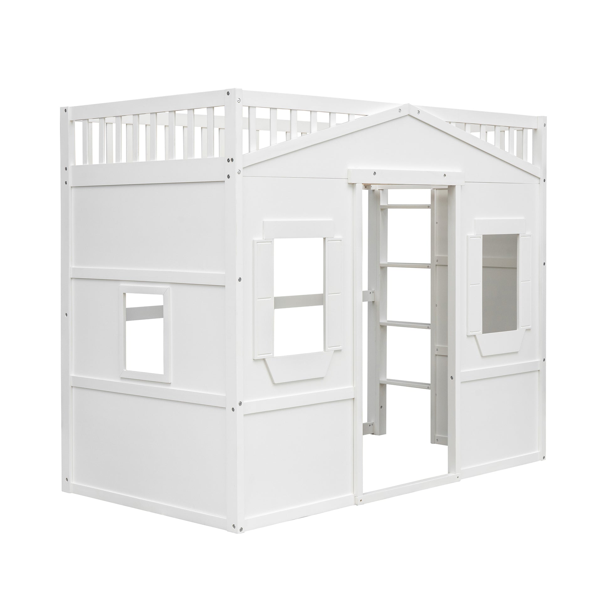 White wooden playhouse loft bed with ladder and windows