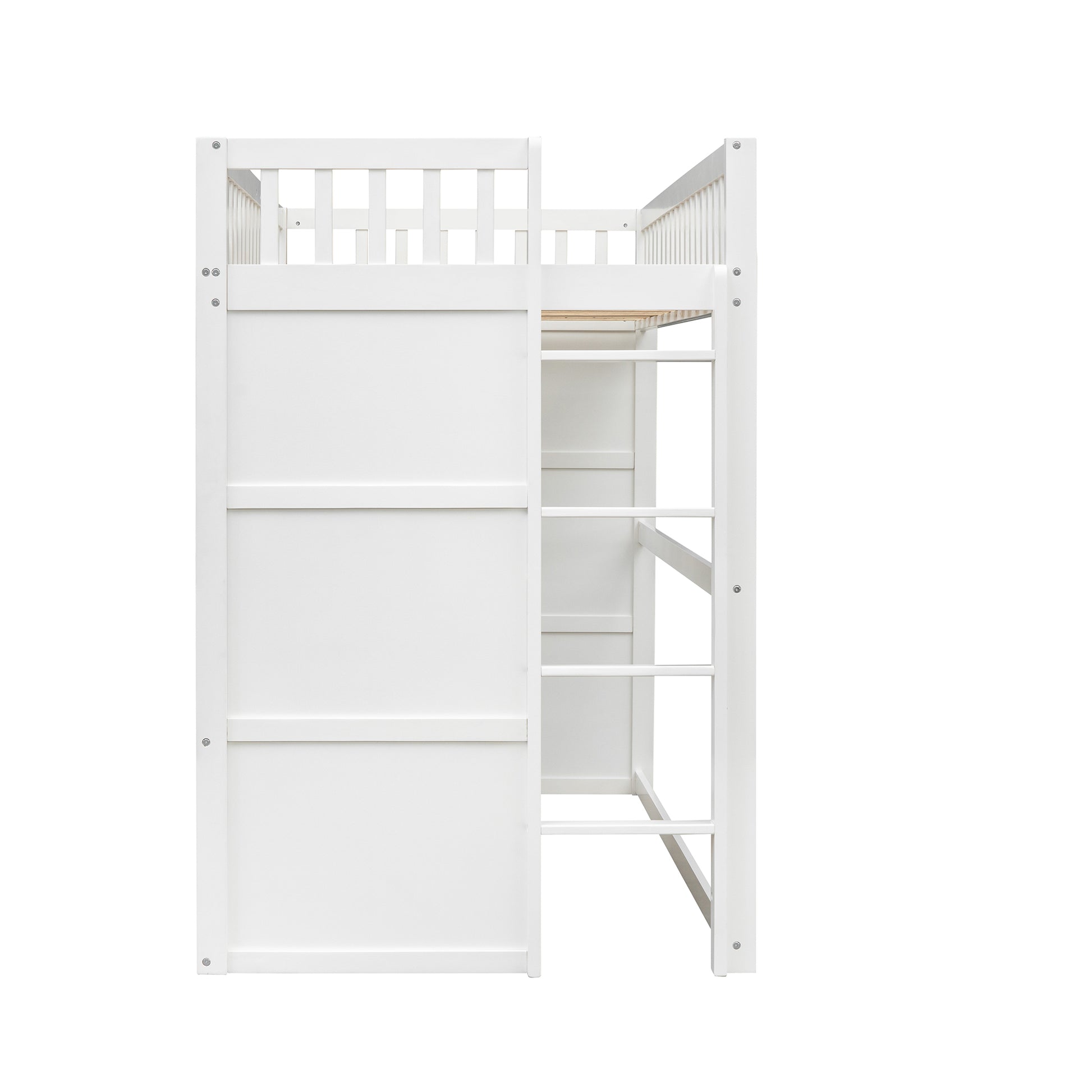 White wooden loft bed with a ladder and guardrails