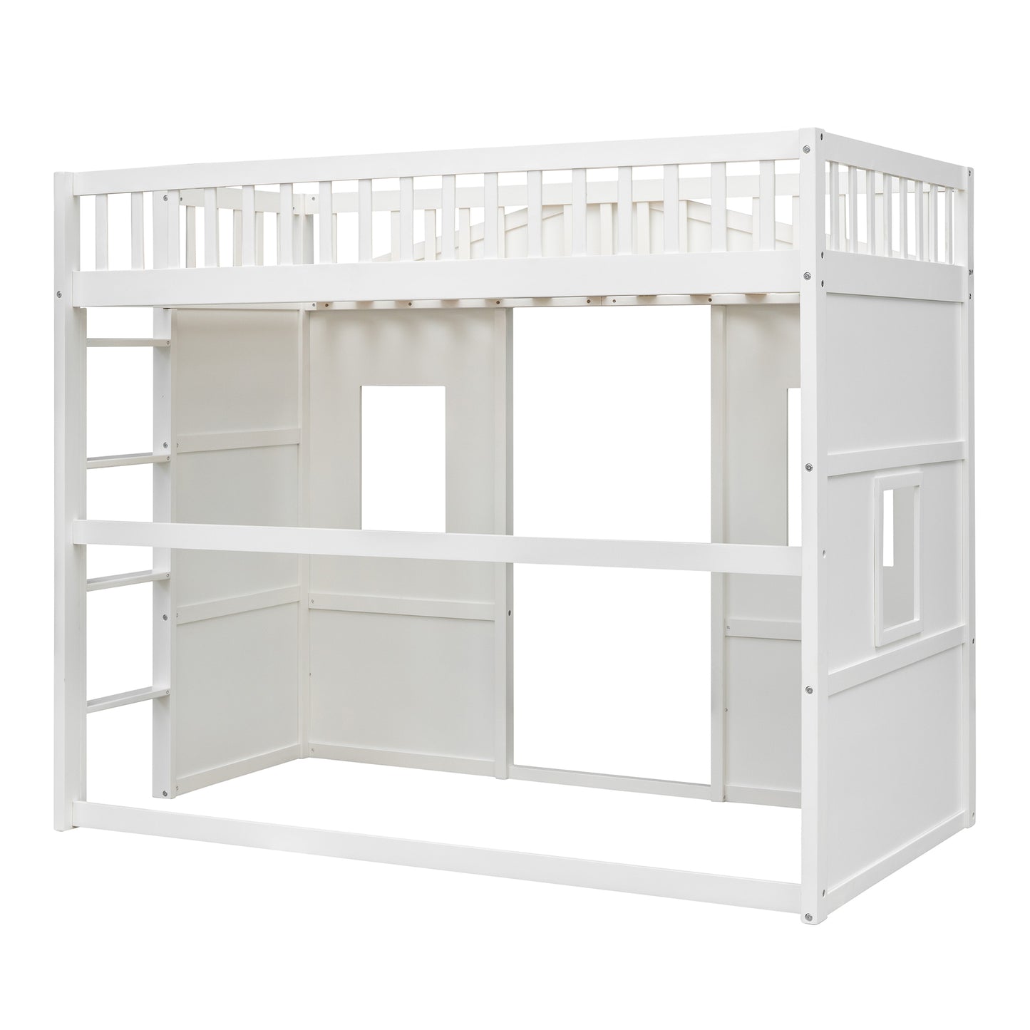 White wooden loft bed frame with ladder and playhouse windows