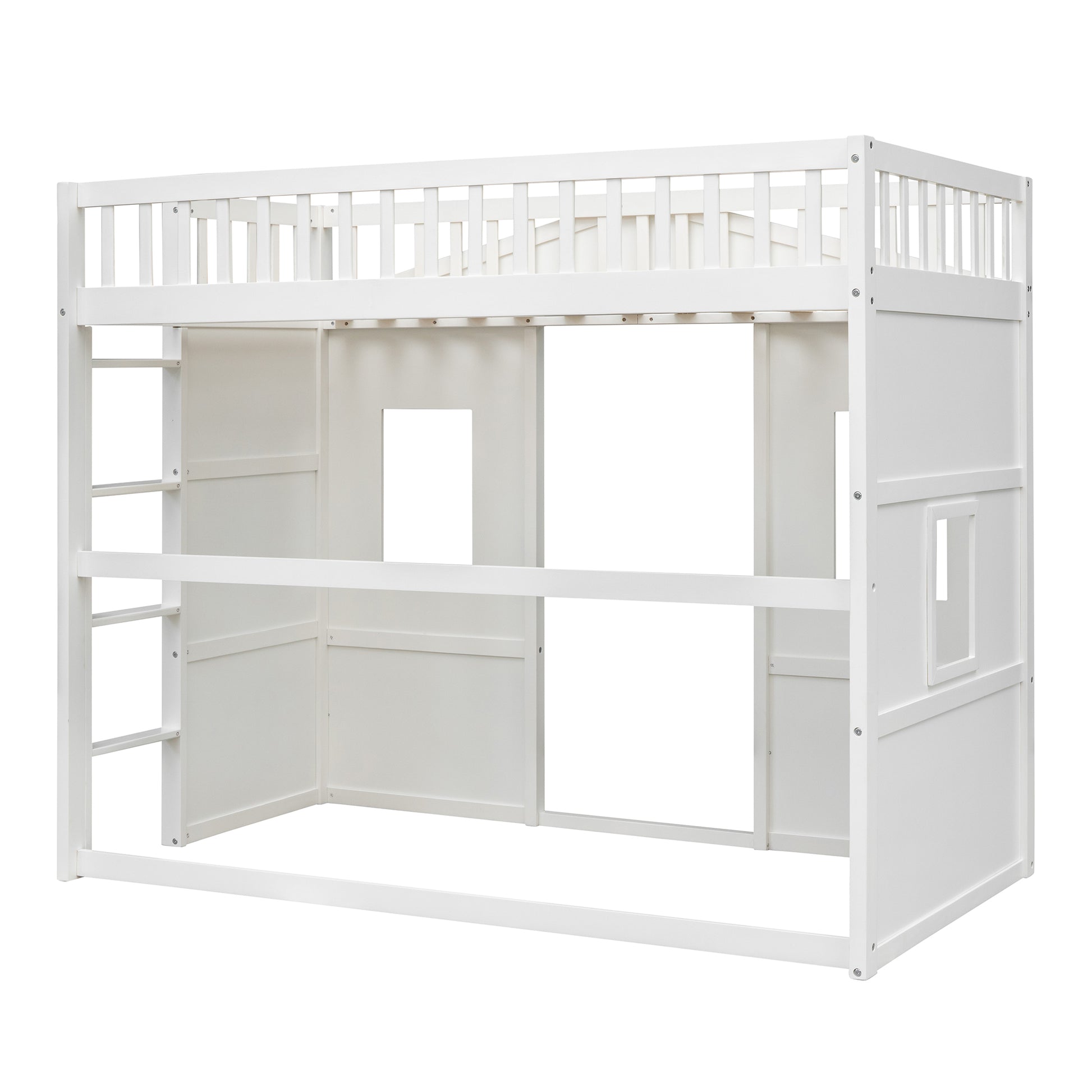 White wooden loft bed frame with ladder and playhouse windows