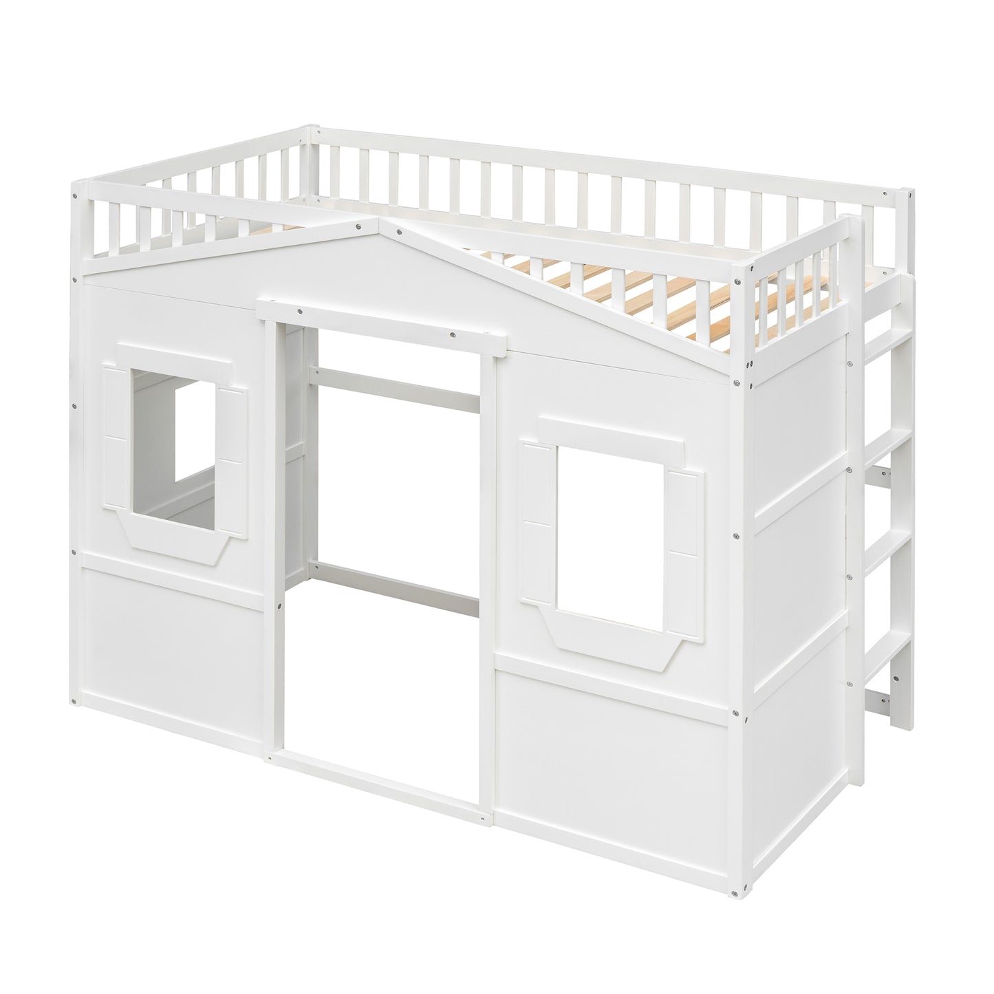 White wooden twin loft bed with houseshaped frame and ladder