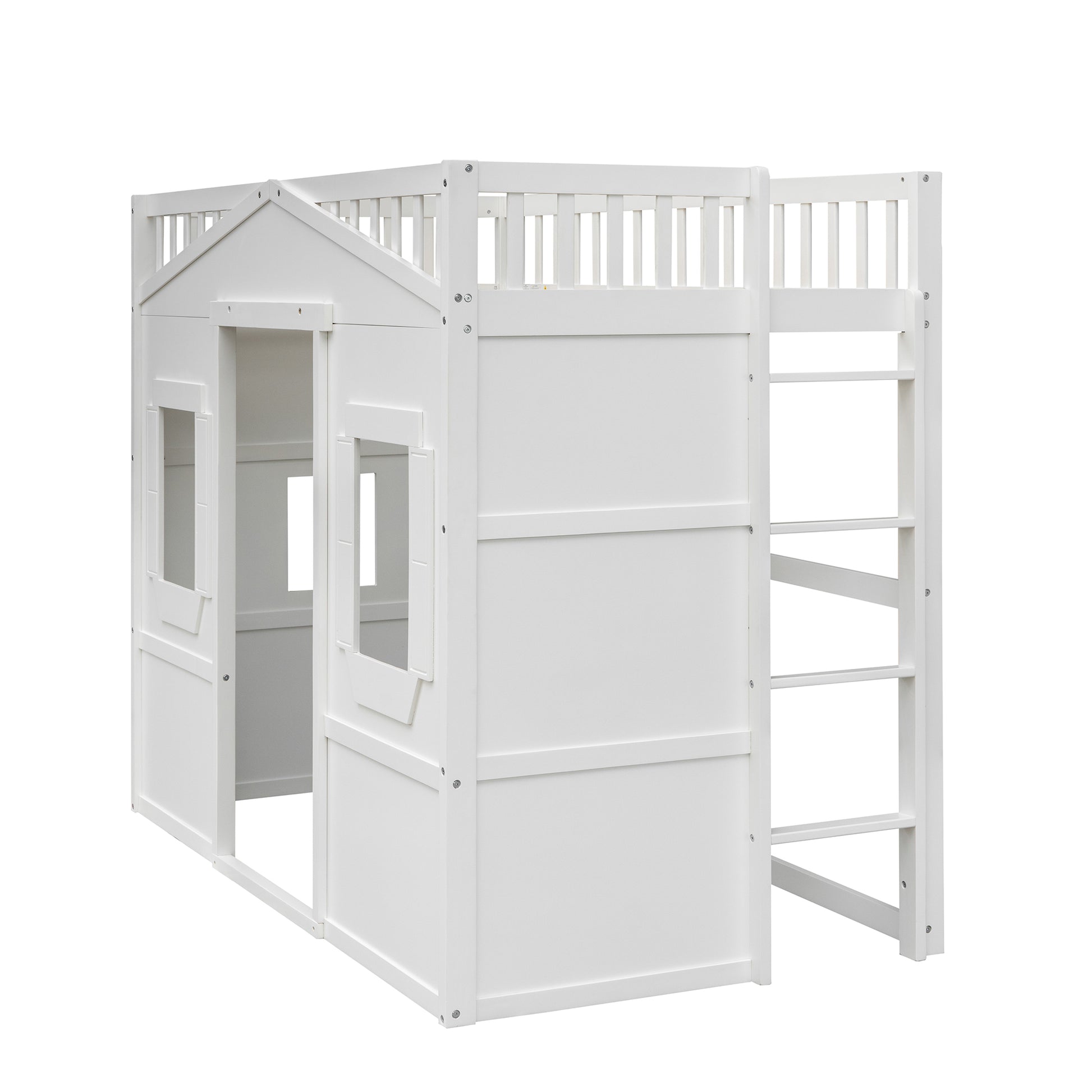 White wooden houseshaped loft bed with ladder and windows perfect for kids room